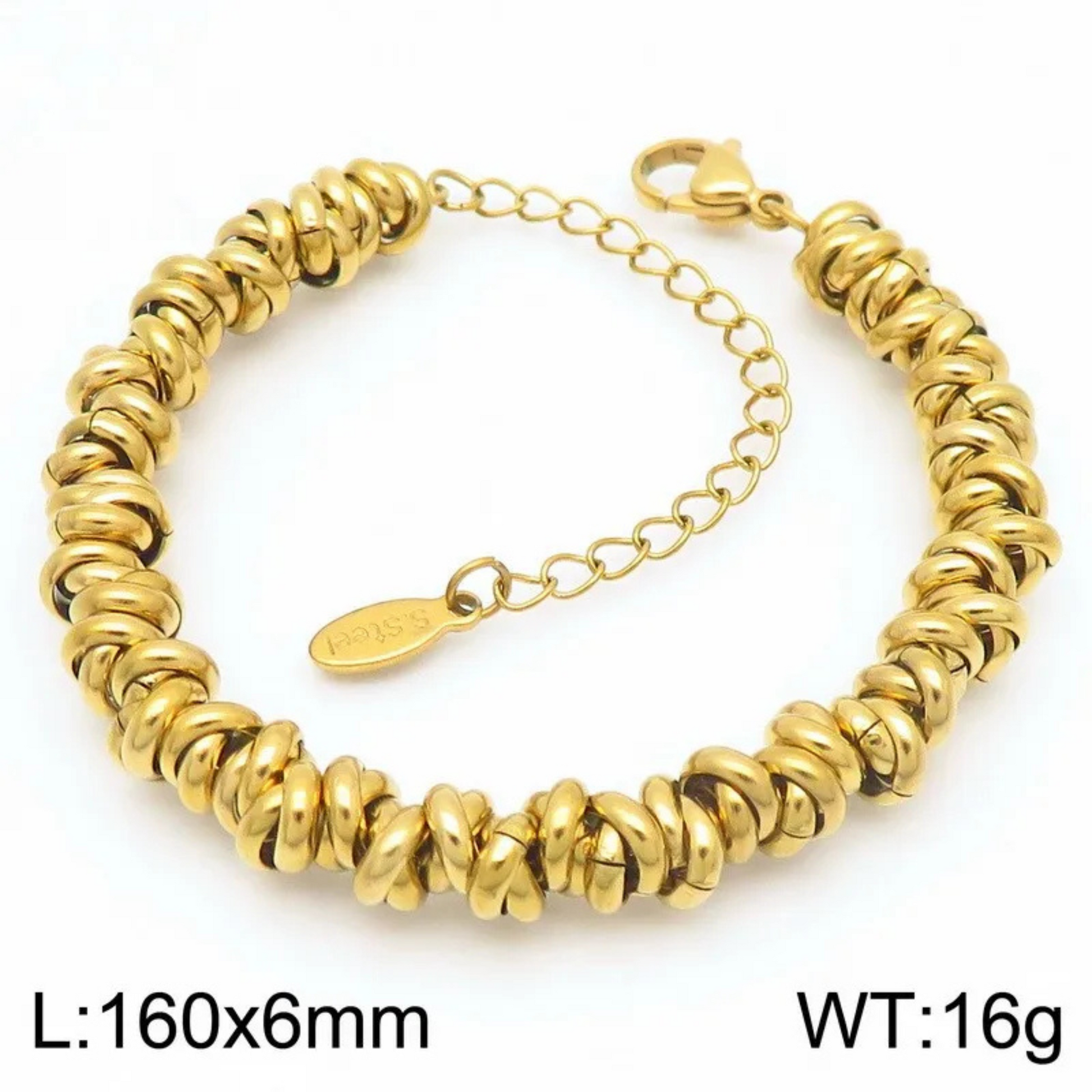 Gold bracelet on a white background with measurement details.
