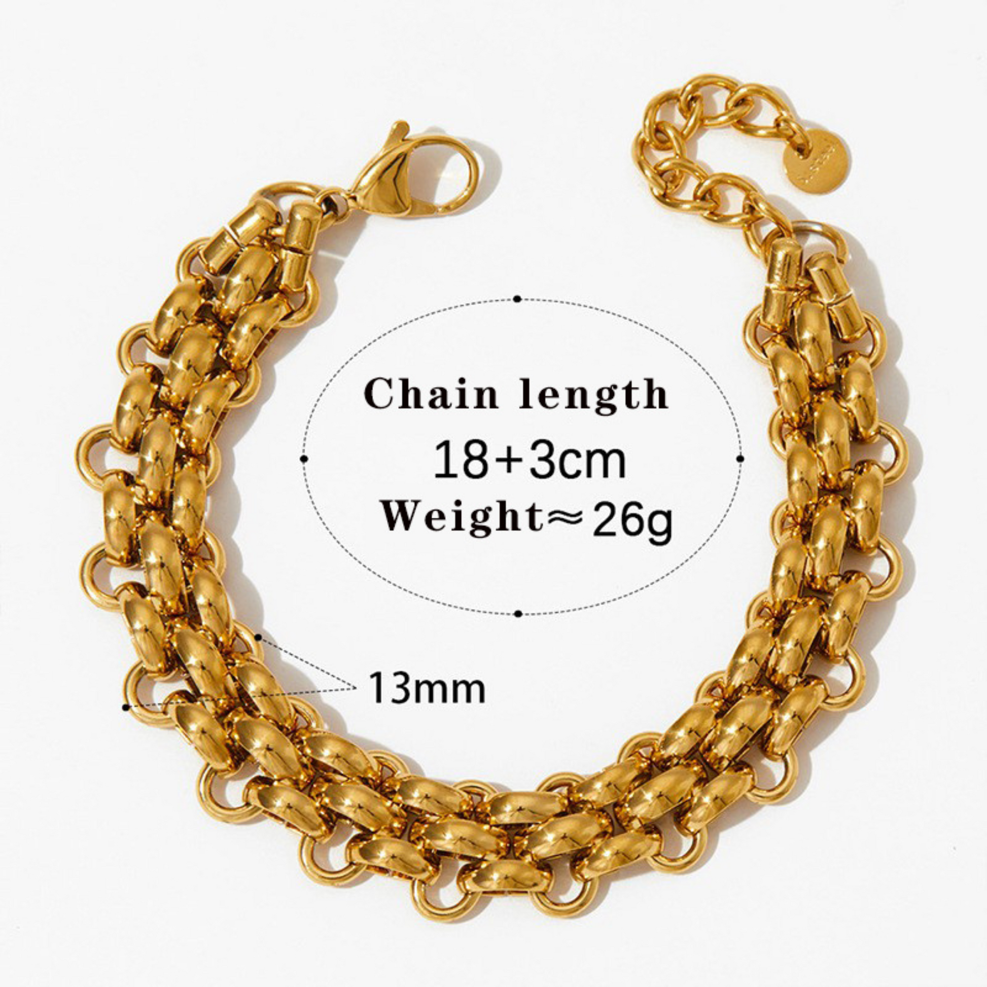 Gold chain bracelet with measurement details on a white background