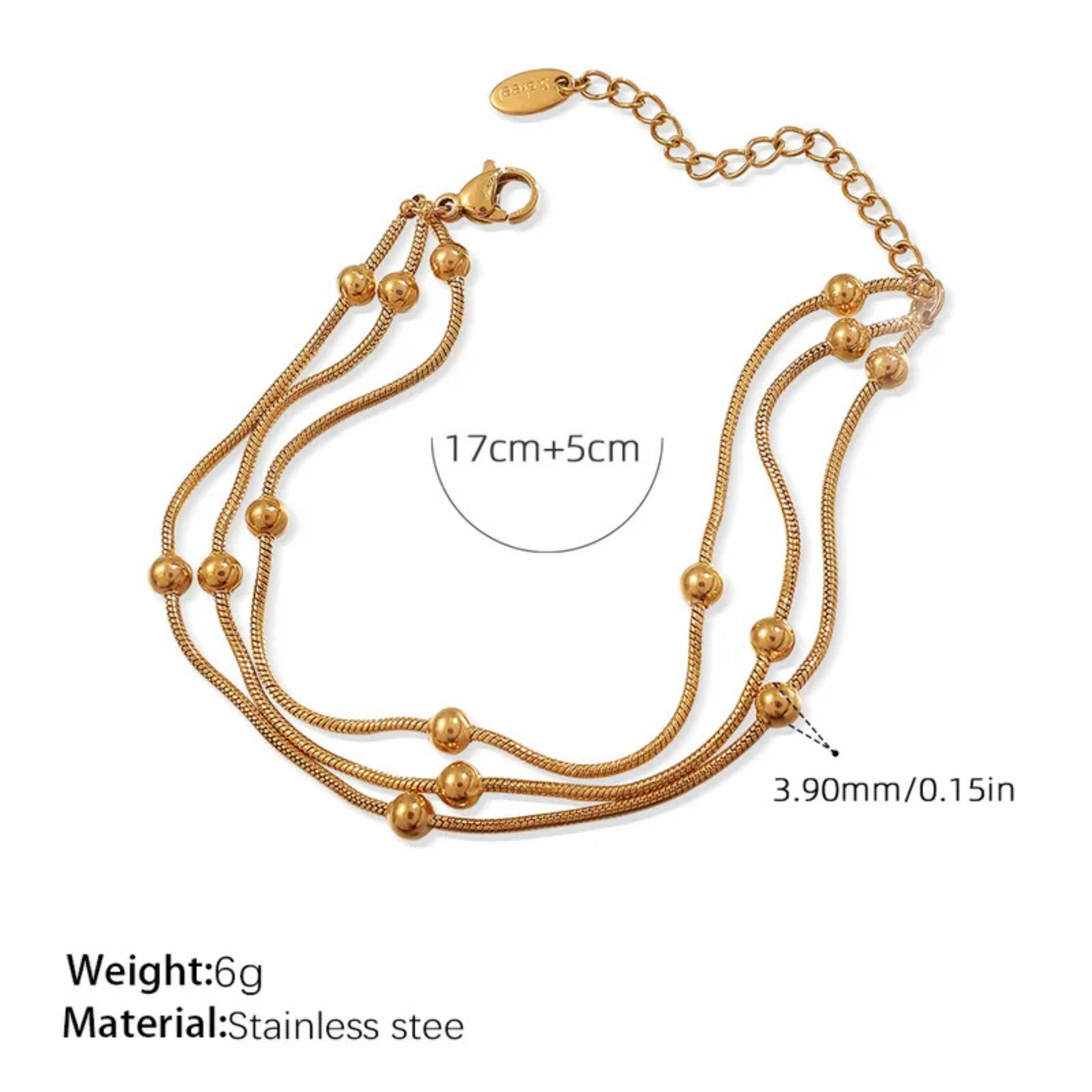 Gold necklace with measurement details on a white background