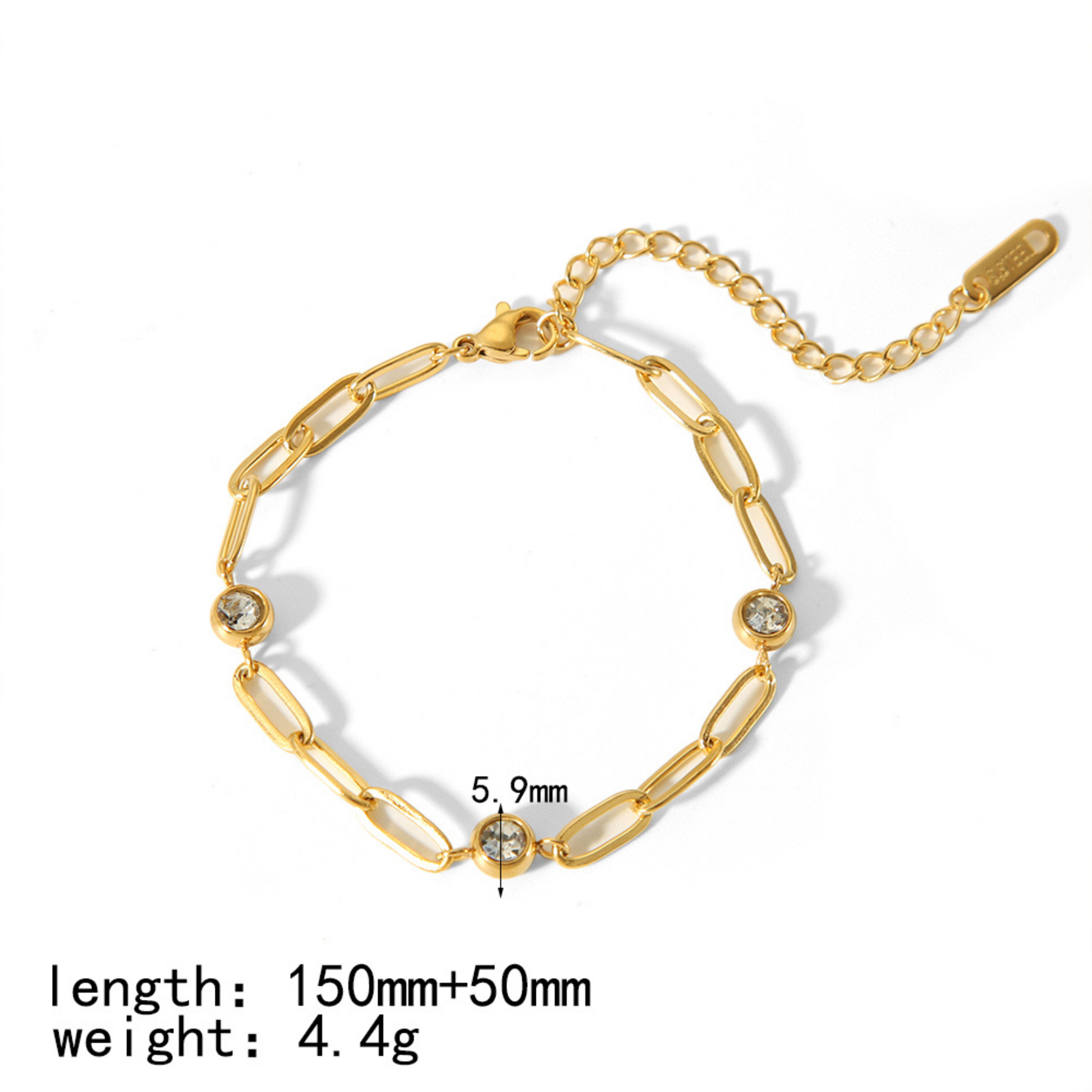 Gold chain bracelet with measurements on a white background