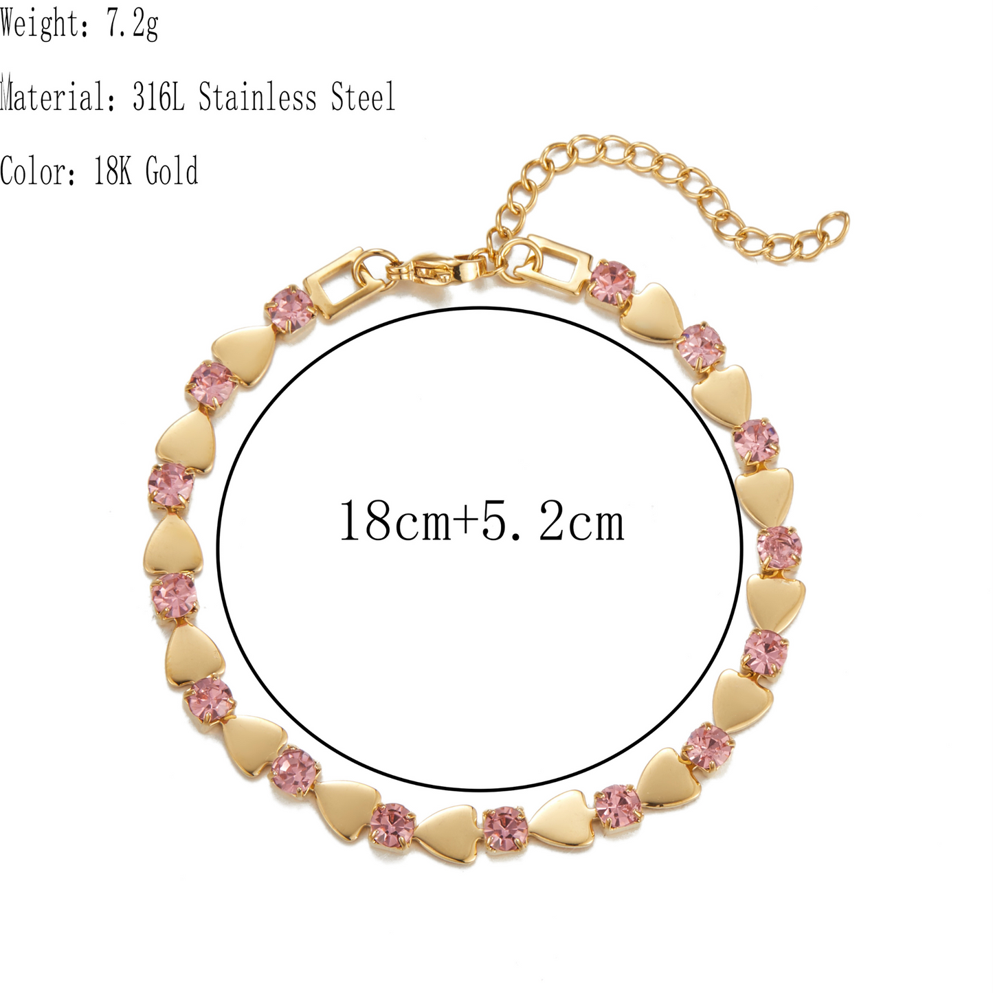 Gold bracelet with pink heart-shaped stones on a white background