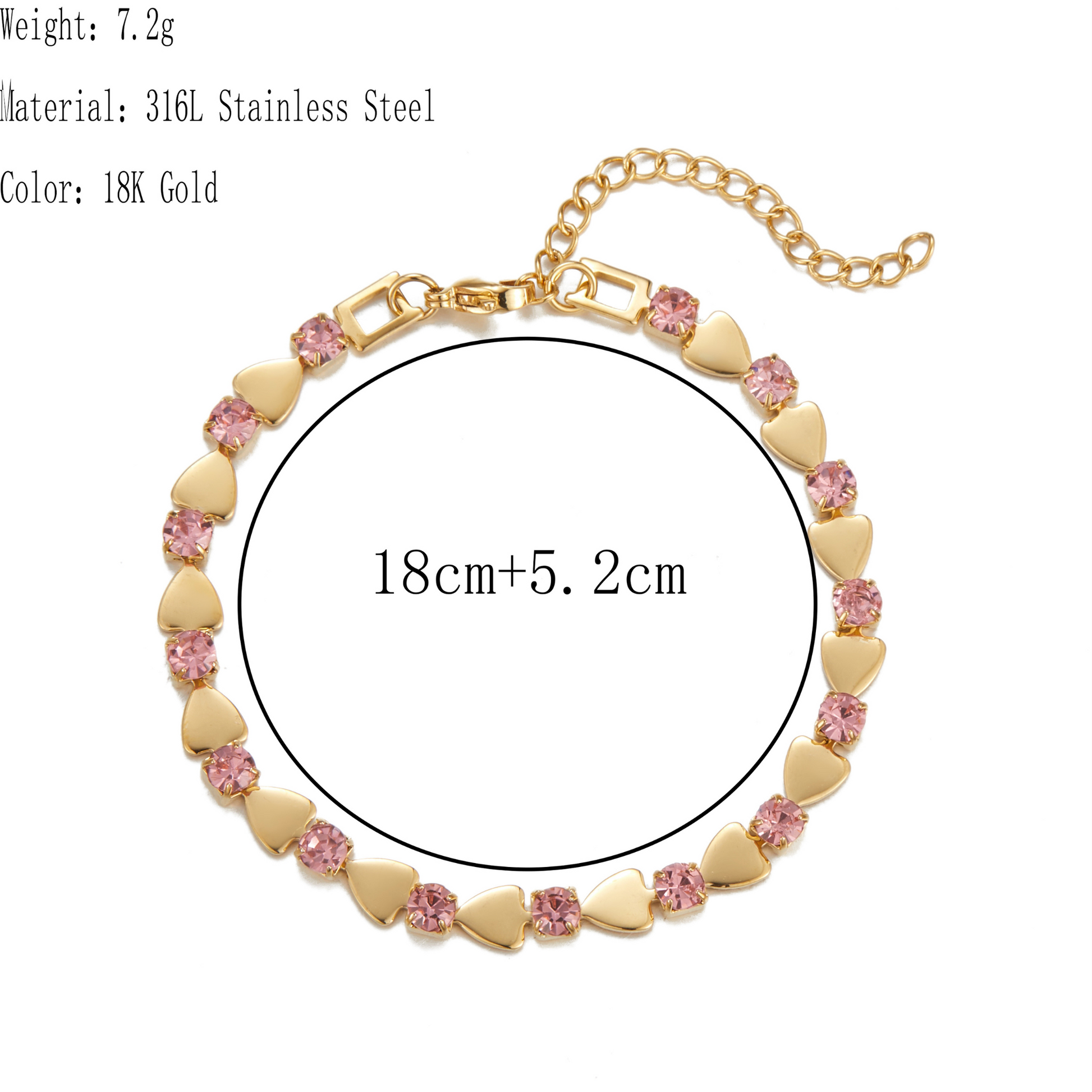 Gold bracelet with pink heart-shaped stones on a white background