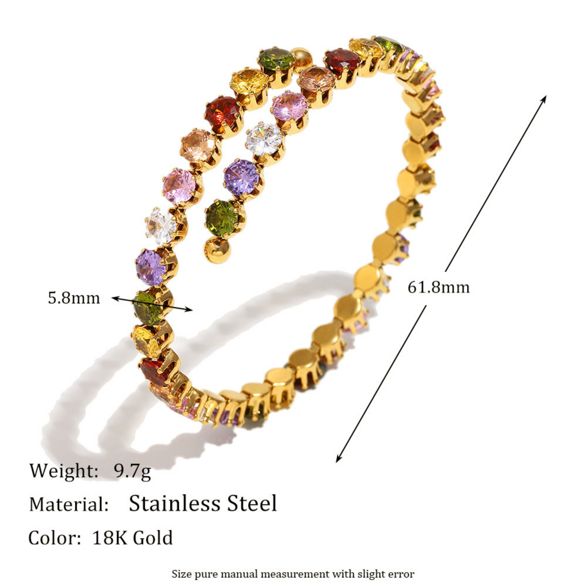 Gold bracelet with colorful stones and measurements on a white background