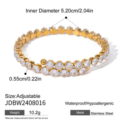 Gold bracelet with clear stones, showing measurements and product details on a white background.