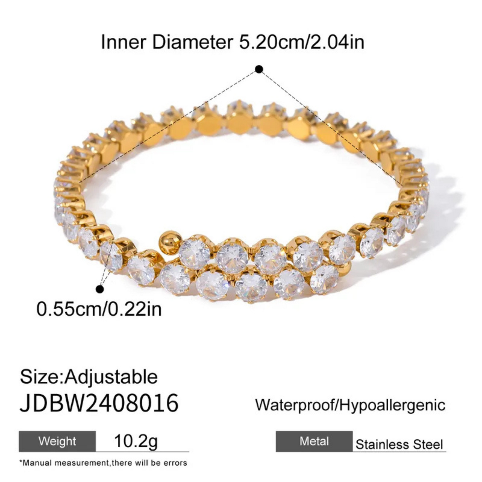 Gold and silver bracelet with measurements and product details on a white background
