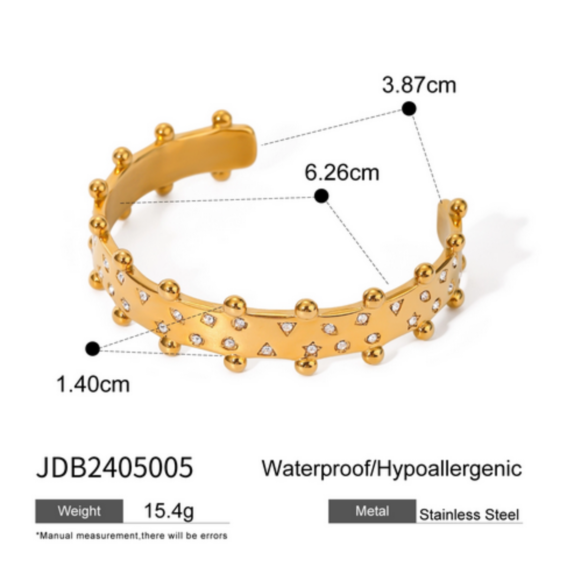 Gold bracelet with measurements and product details on a white background