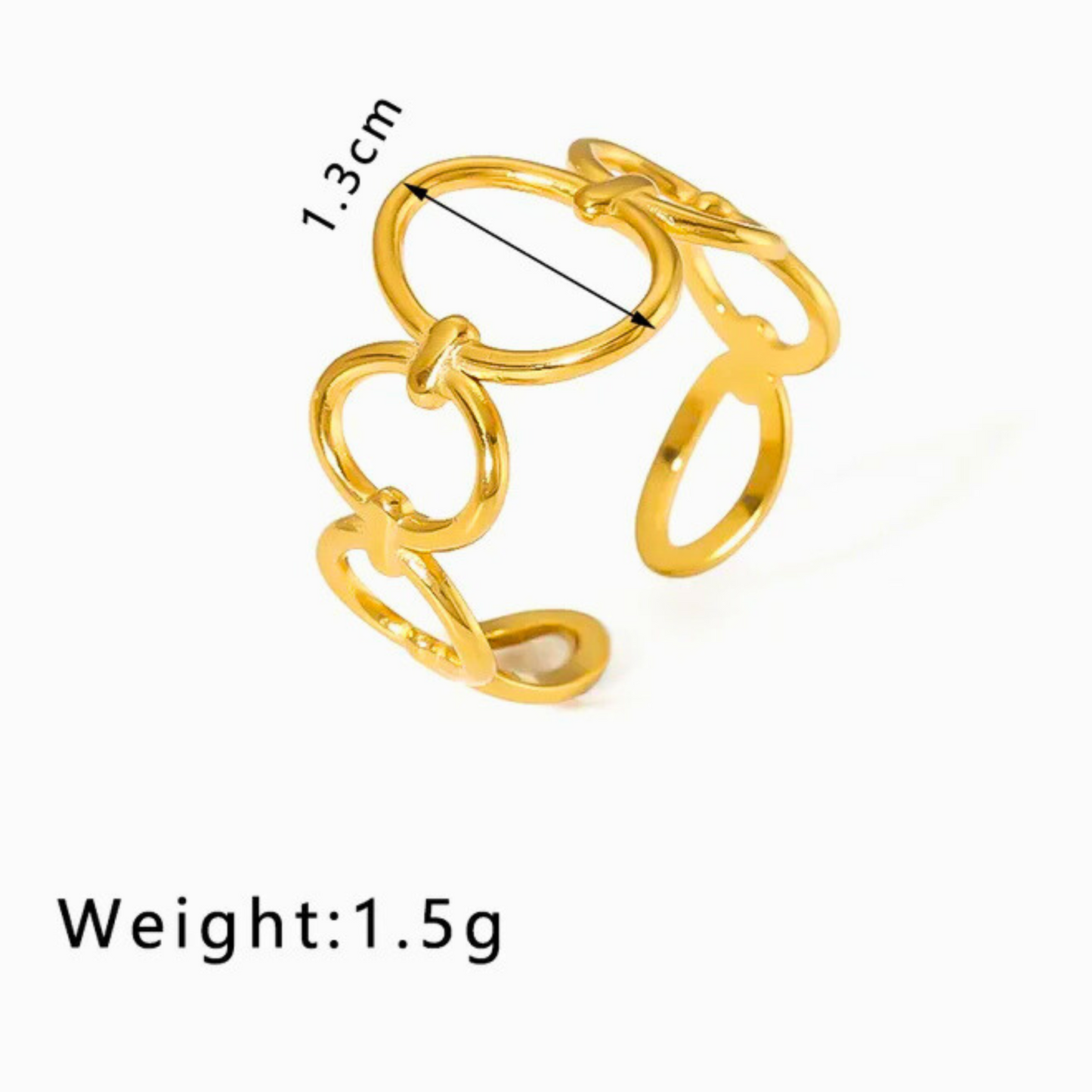Gold ring with measurements and weight on a white background