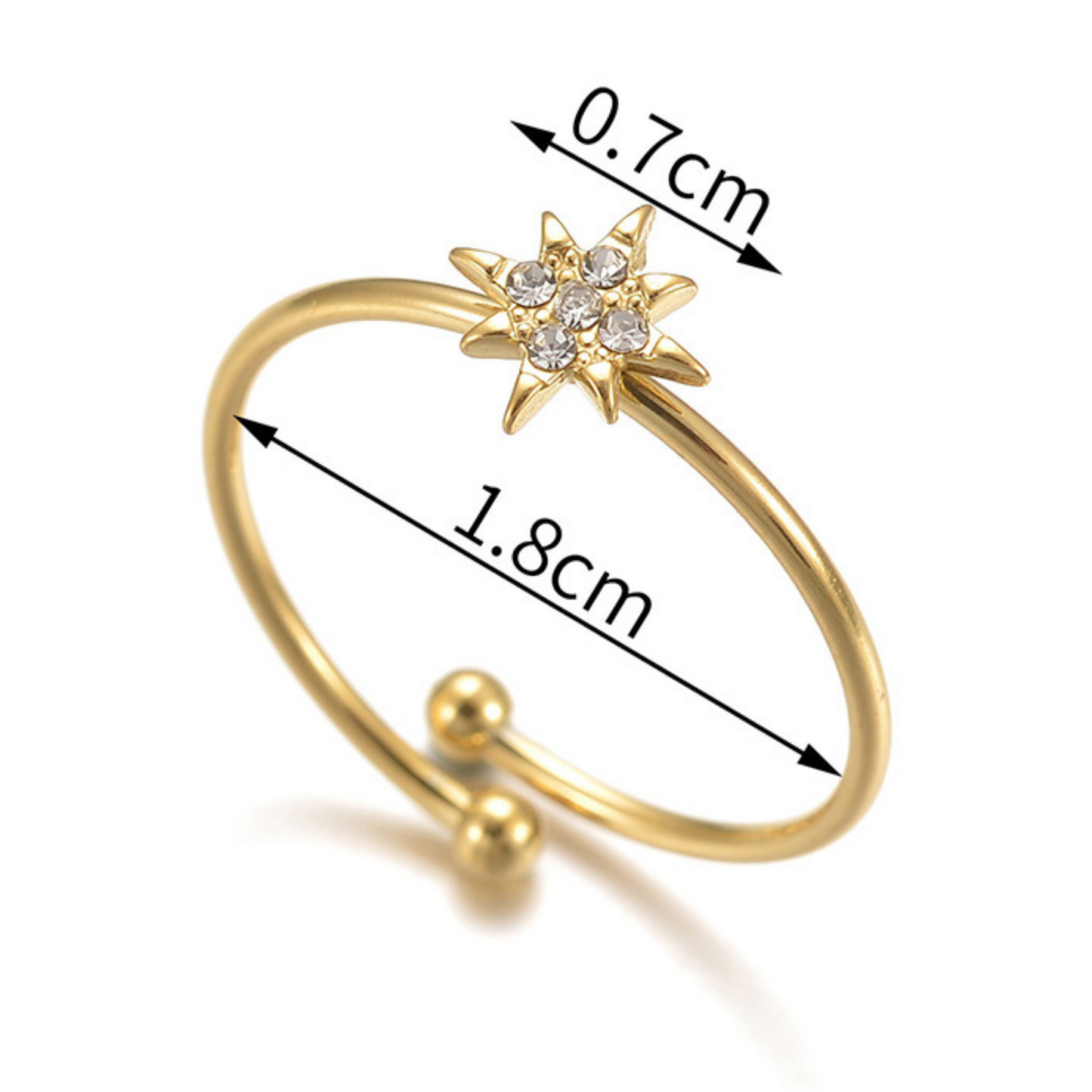 Gold bracelet with star design and measurements on a white background
