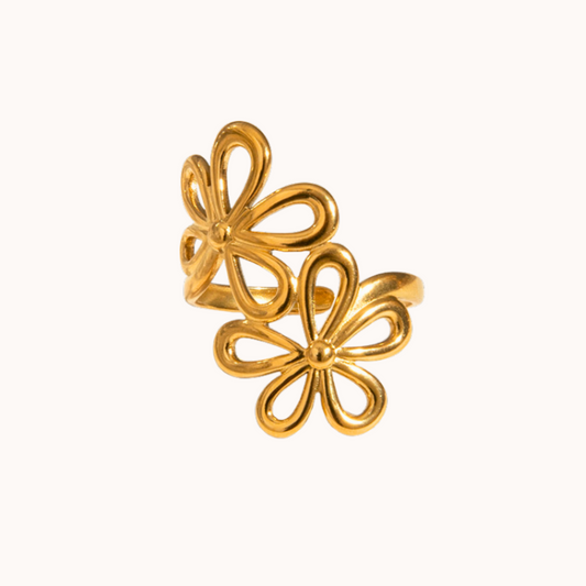 Pair of gold flower-shaped earrings on a white background