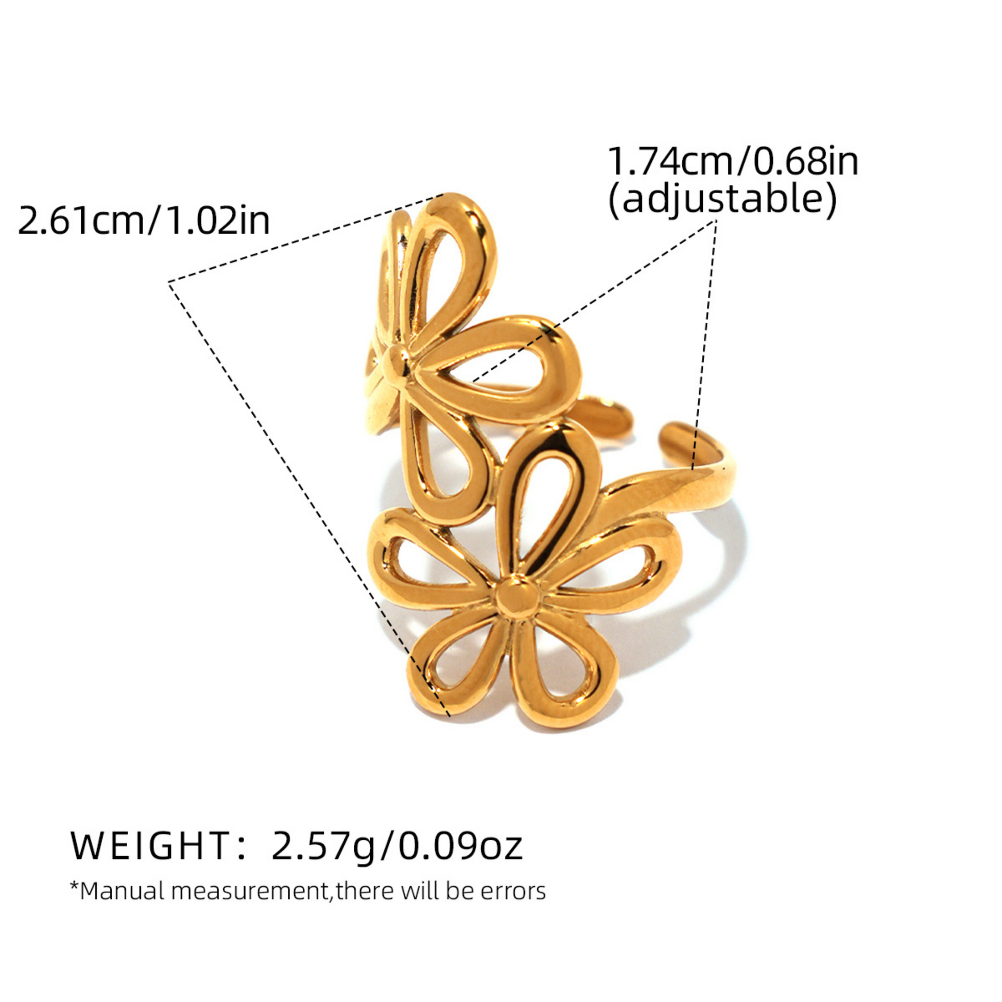 Gold adjustable ring with measurements and weight details on a white background