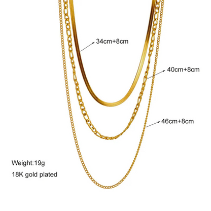 Gold necklaces with measurements and weight information on a white background