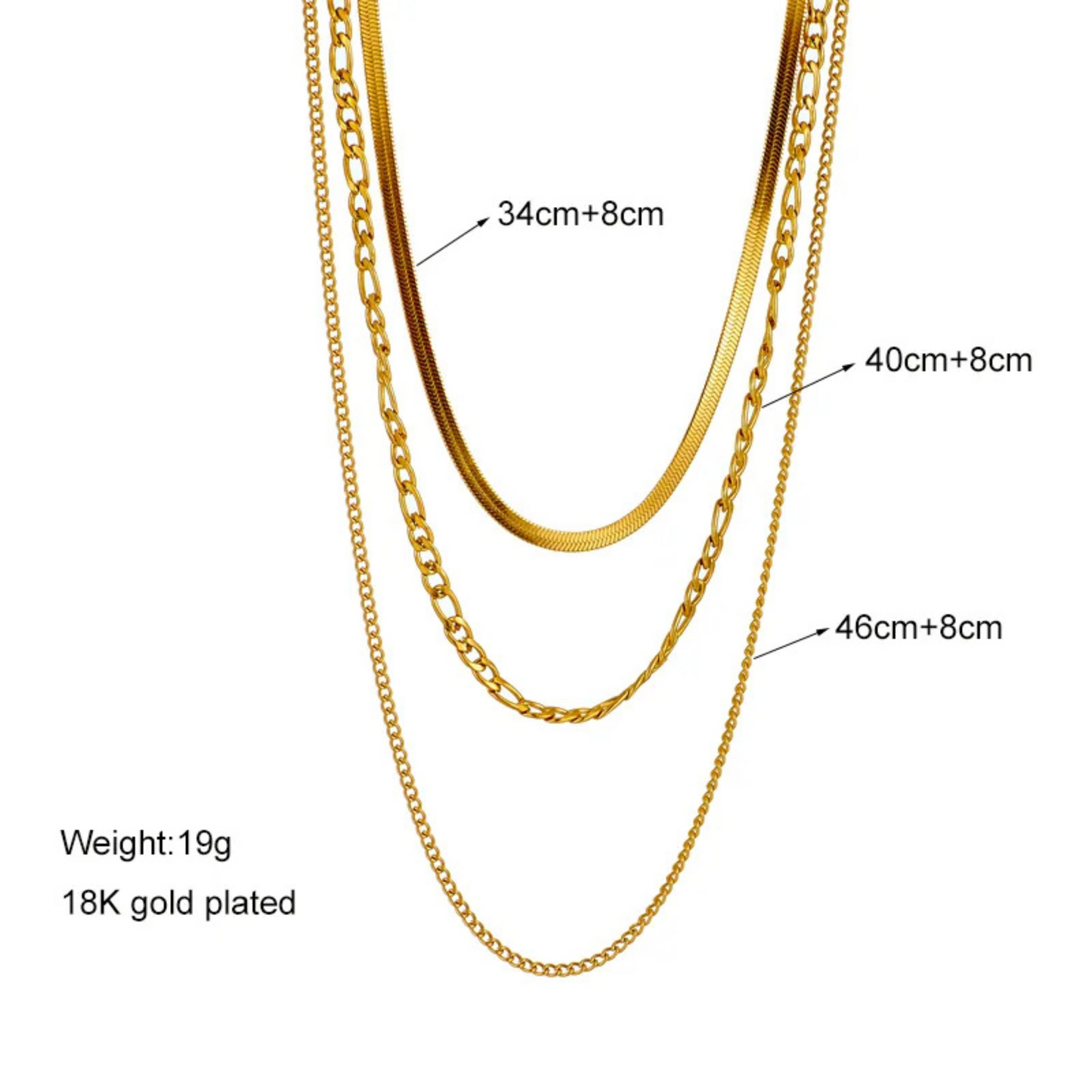 Gold necklaces with measurements and weight information on a white background