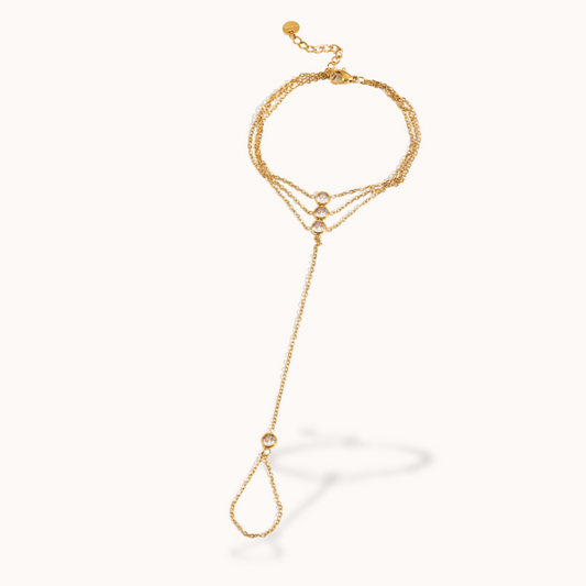 Gold ring bracelet with small gemstones on a wrist against a white background