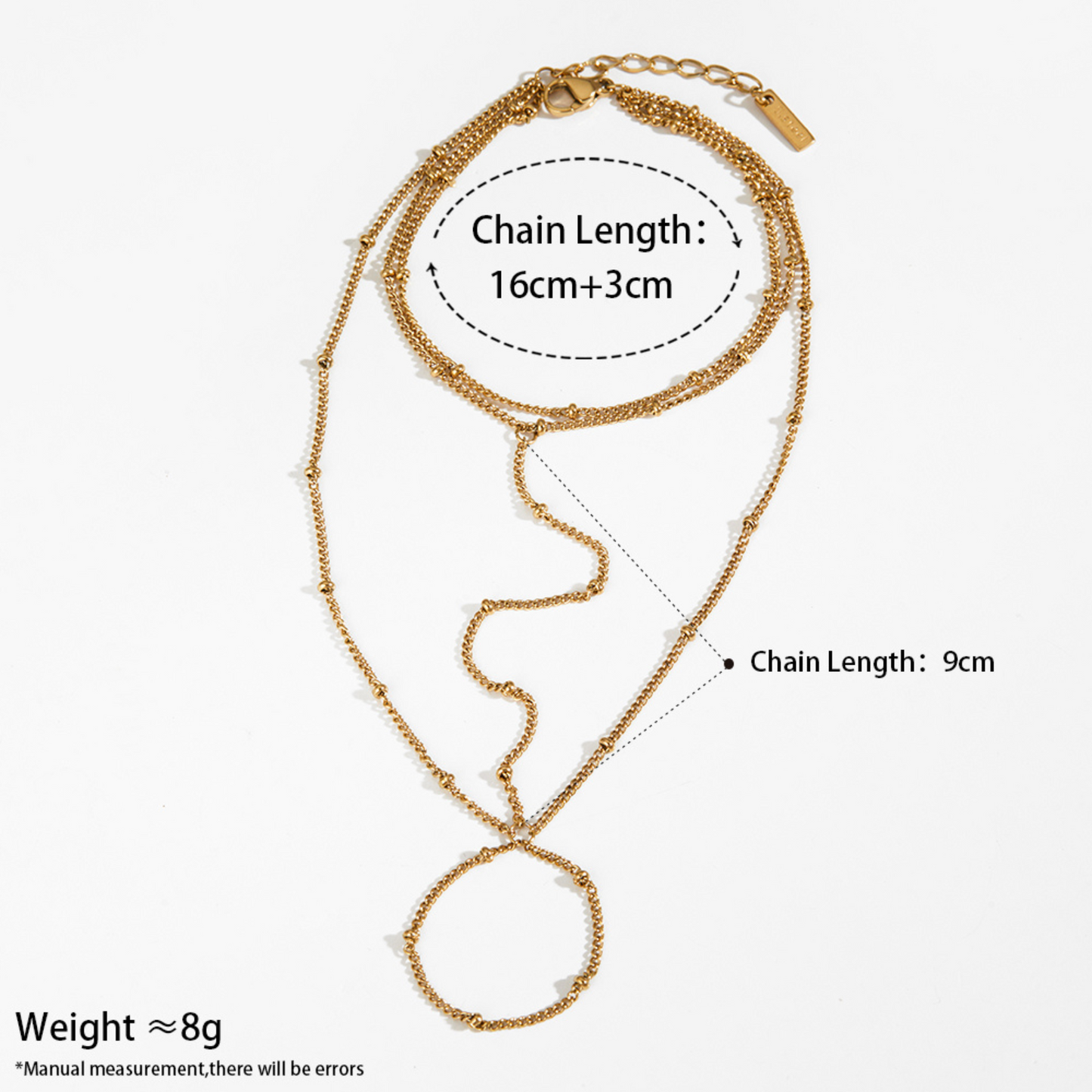 Gold ring chain bracelet with measurements on a white background