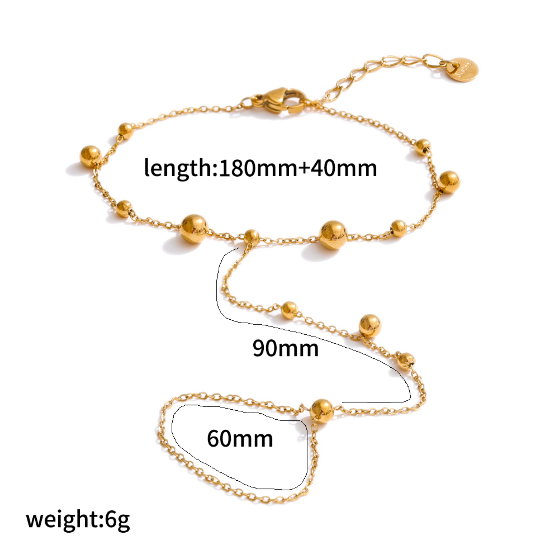Gold ring bracelet with measurements on a white background
