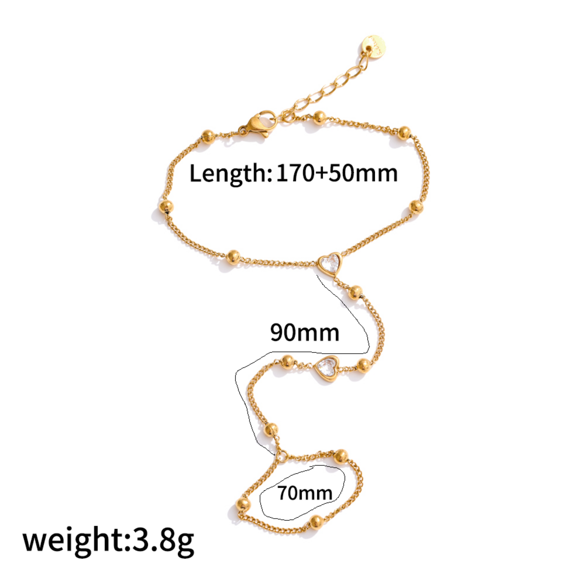 Gold ring bracelet with measurements on a white background
