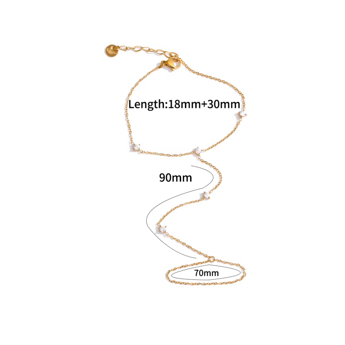 Gold ring bracelet with measurements on a white background