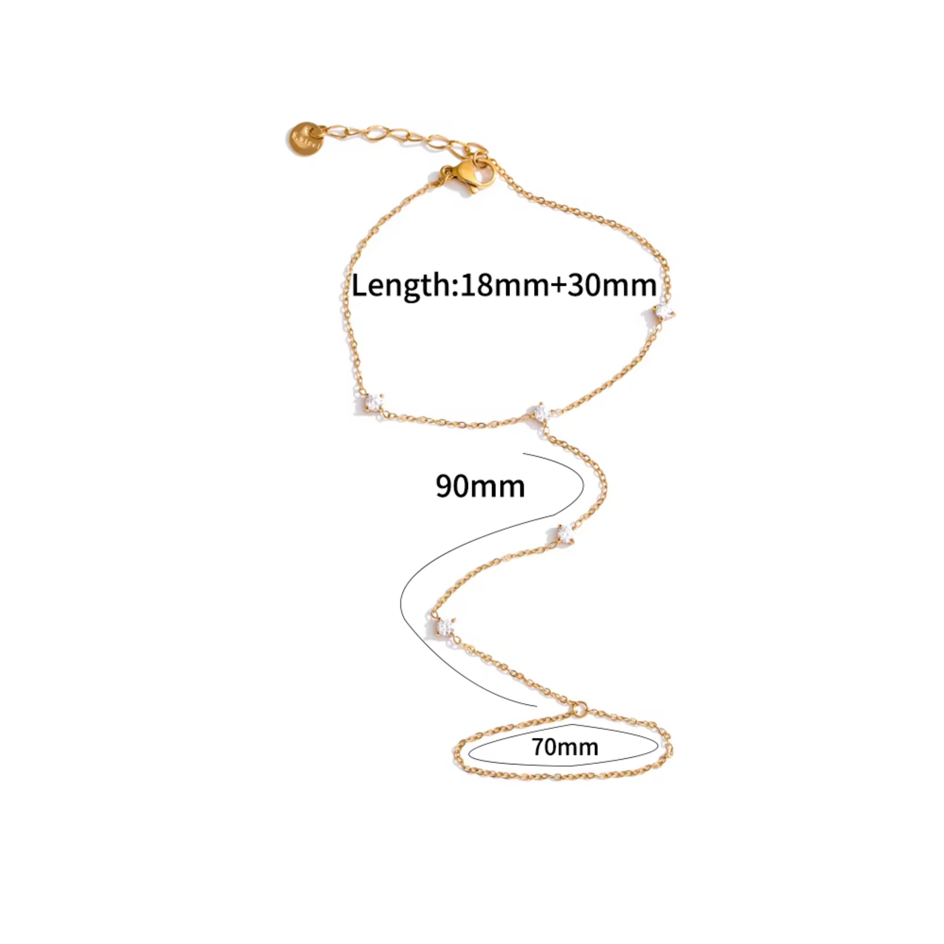 Gold ring bracelet with measurements on a white background