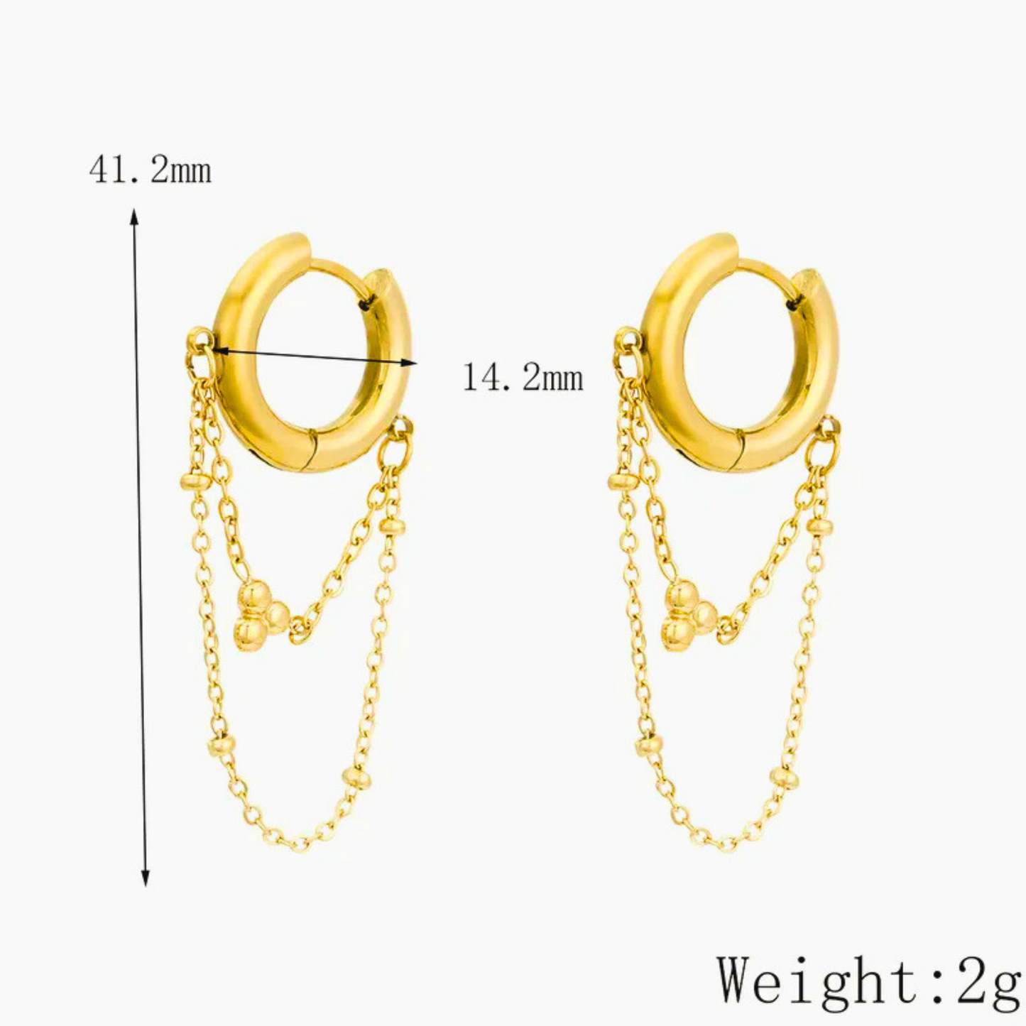 Gold hoop earrings with chains and measurements on a white background
