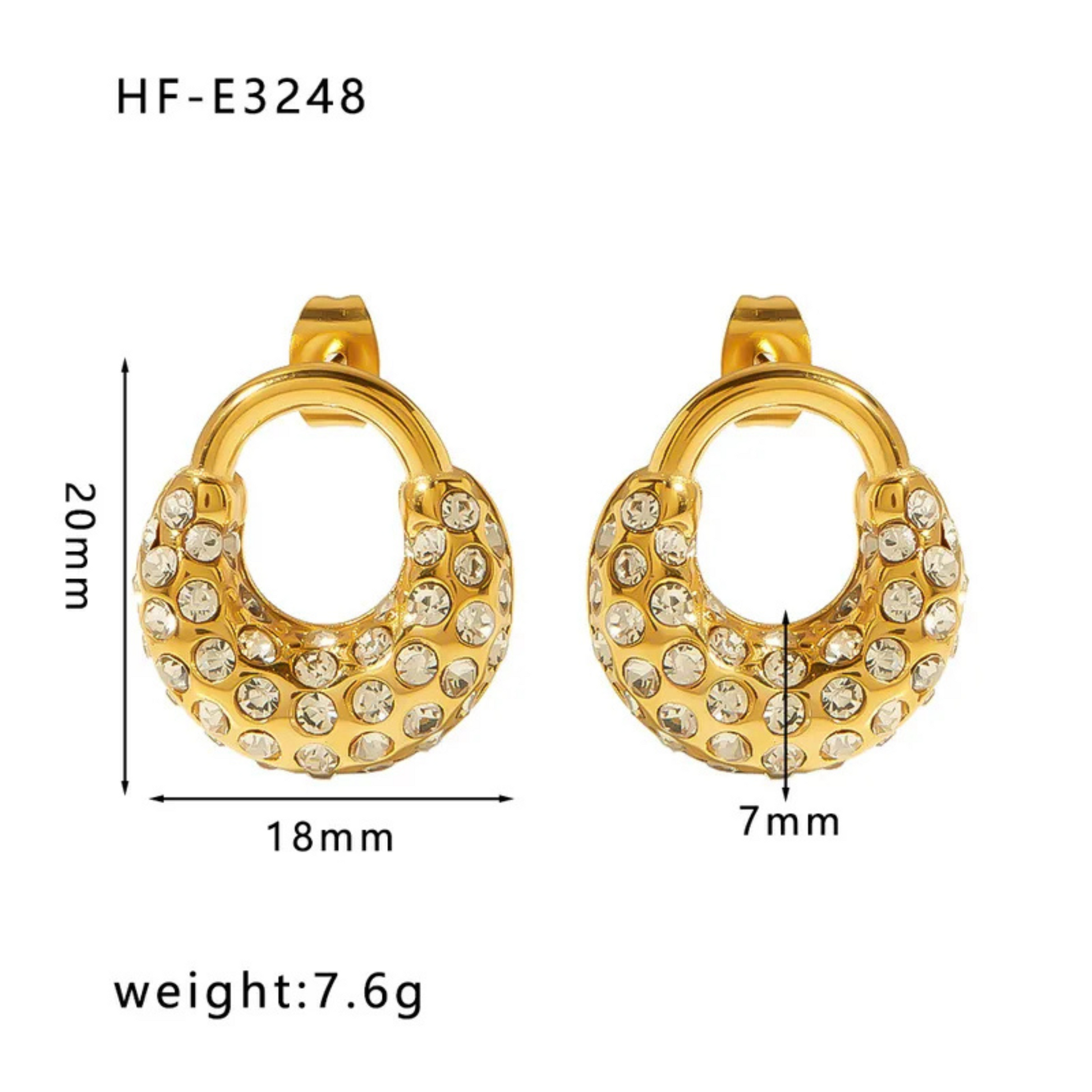 Gold earrings with gemstones and measurements on a white background