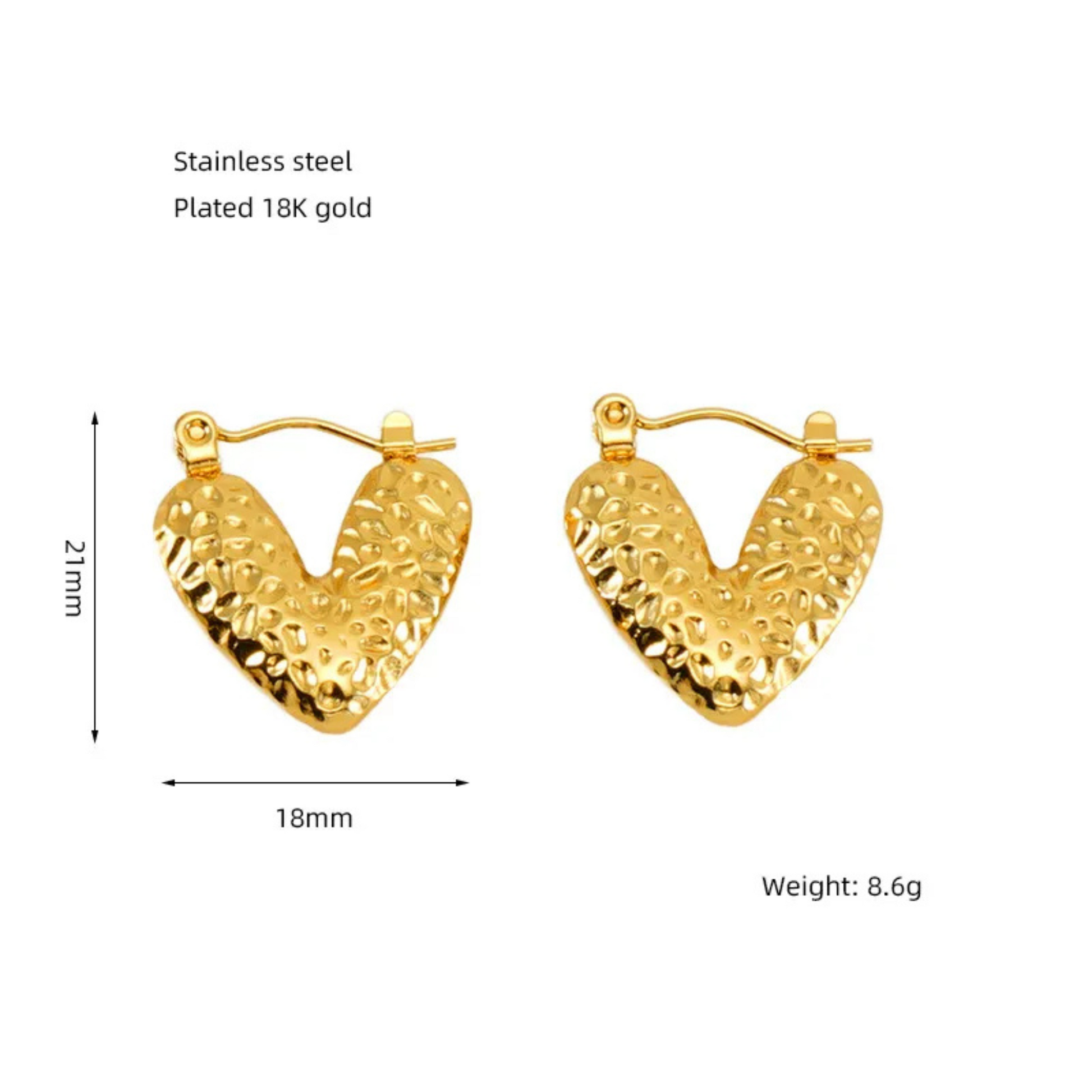 Gold heart-shaped earrings with measurements and material details on a white background