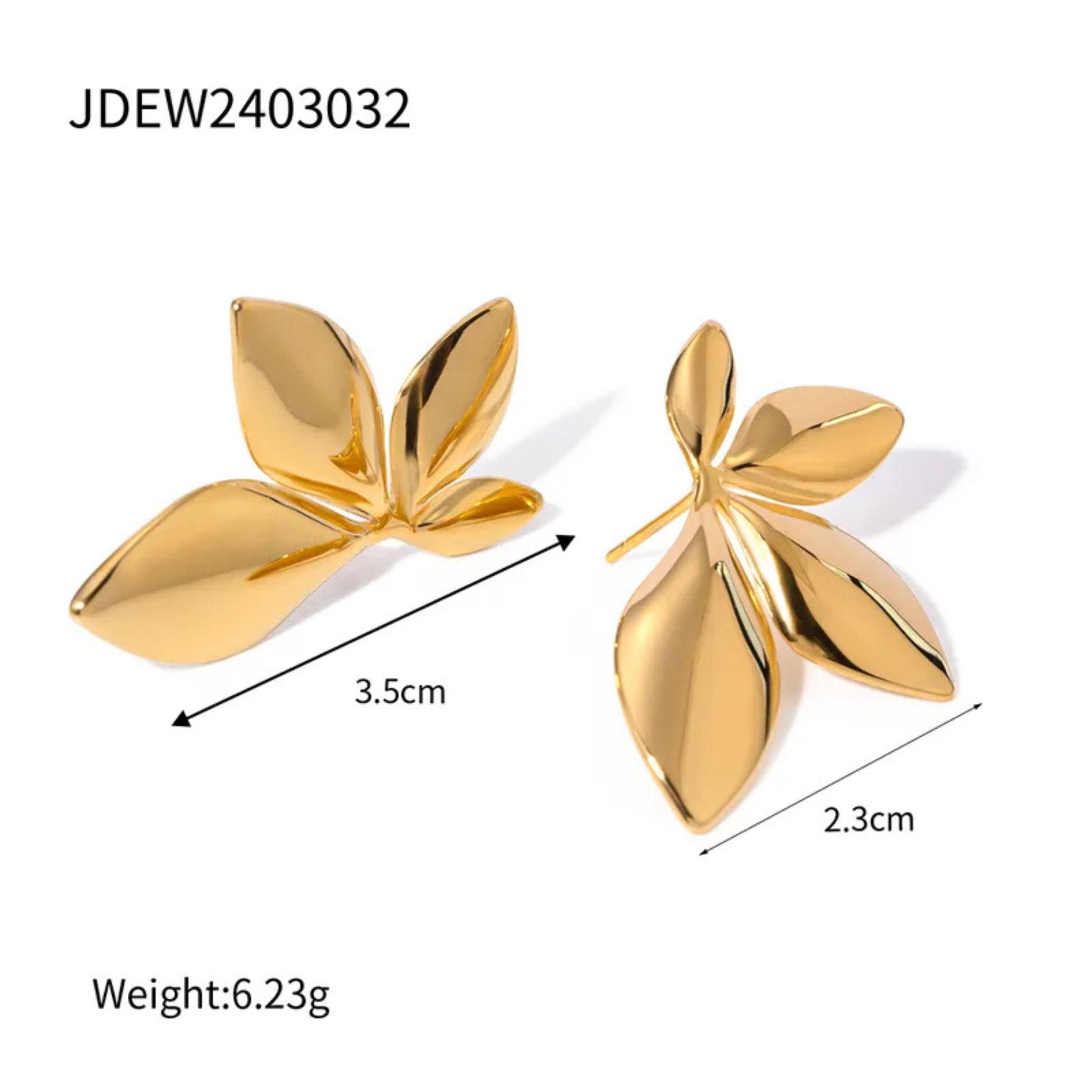 Gold leaf-shaped earrings with measurements and weight details on a white background
