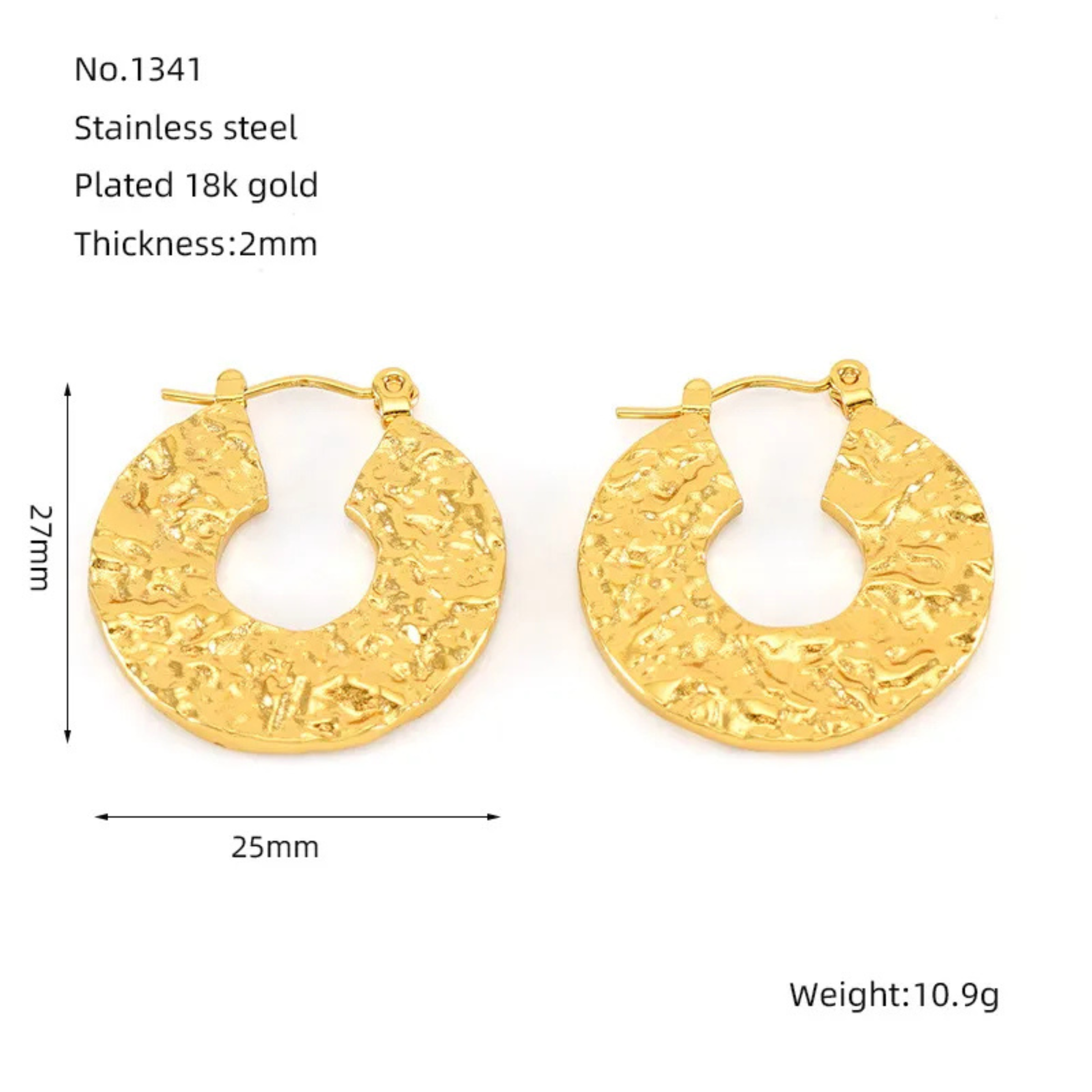 gold hoop earrings in white background with measurment