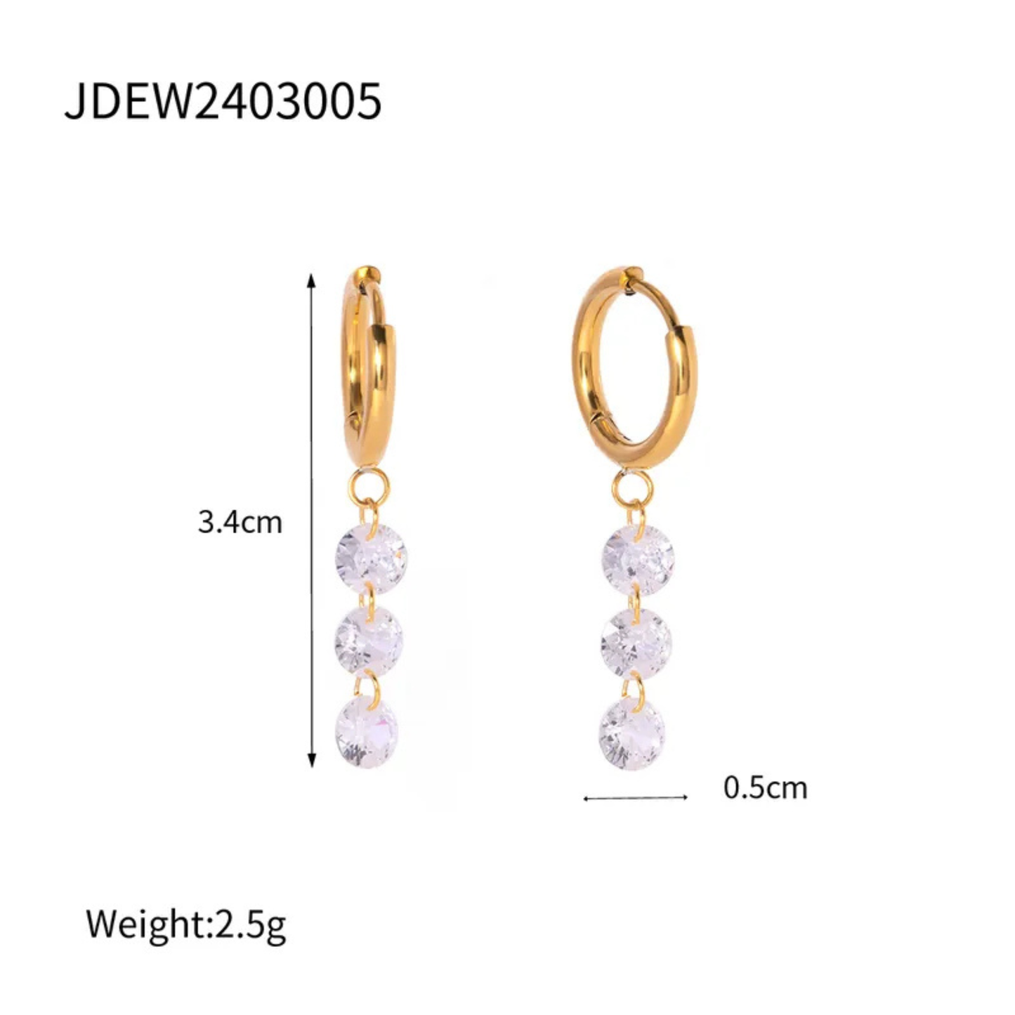 Gold hoop earrings with clear beads and measurements on a white background