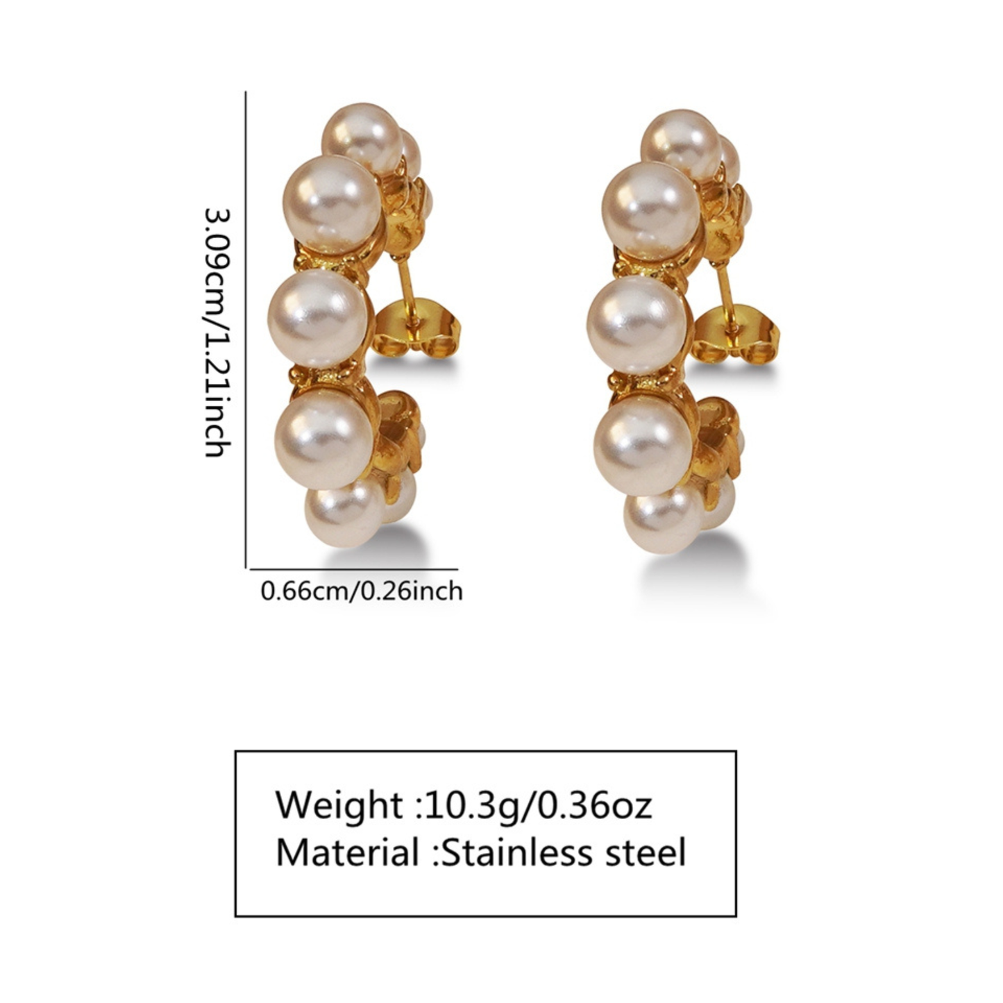 Pair of pearl earrings with gold accents and measurements on a white background