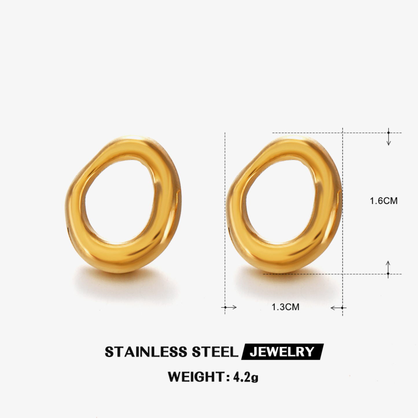 Gold stud earrings with measurements on a white background