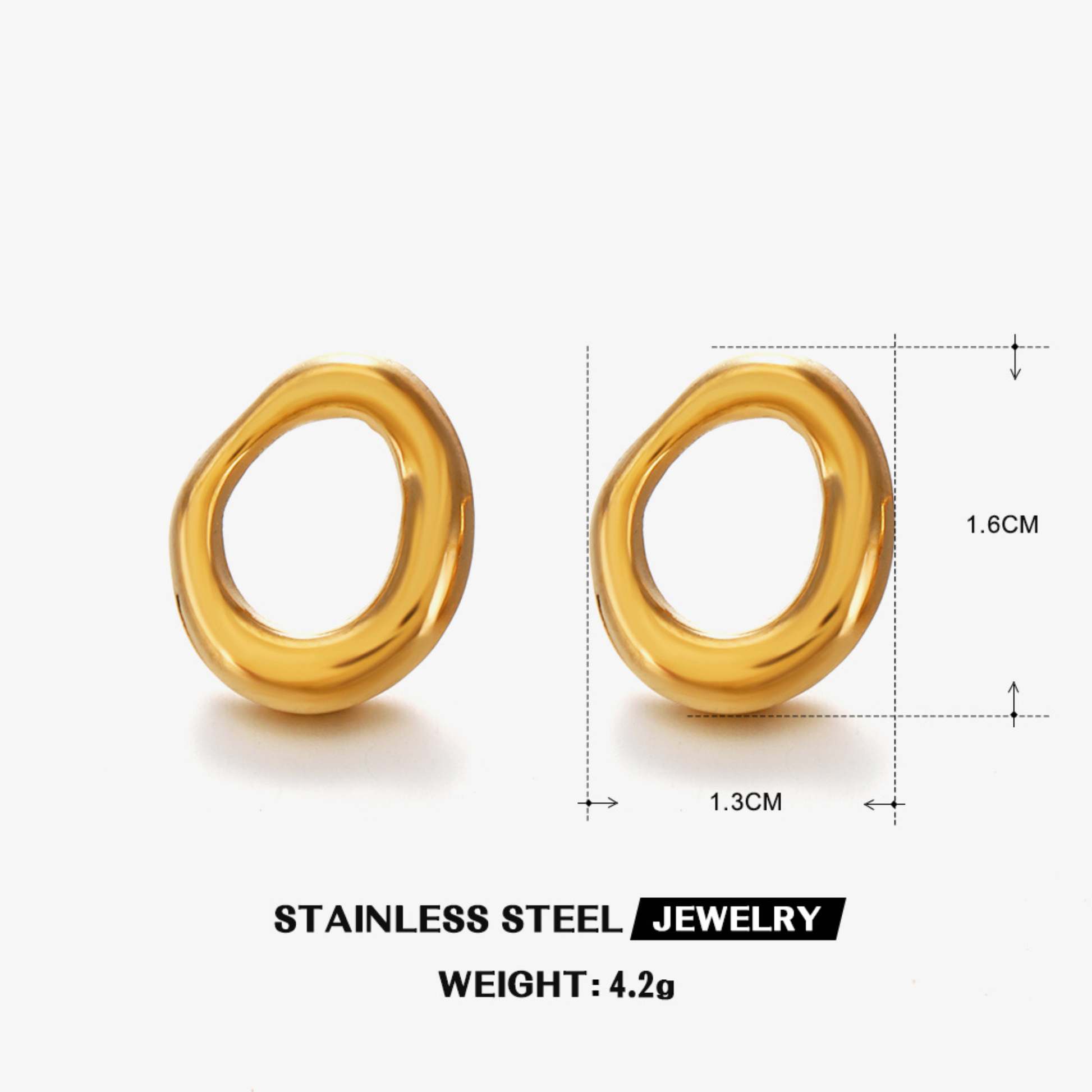 Gold stud earrings with measurements on a white background