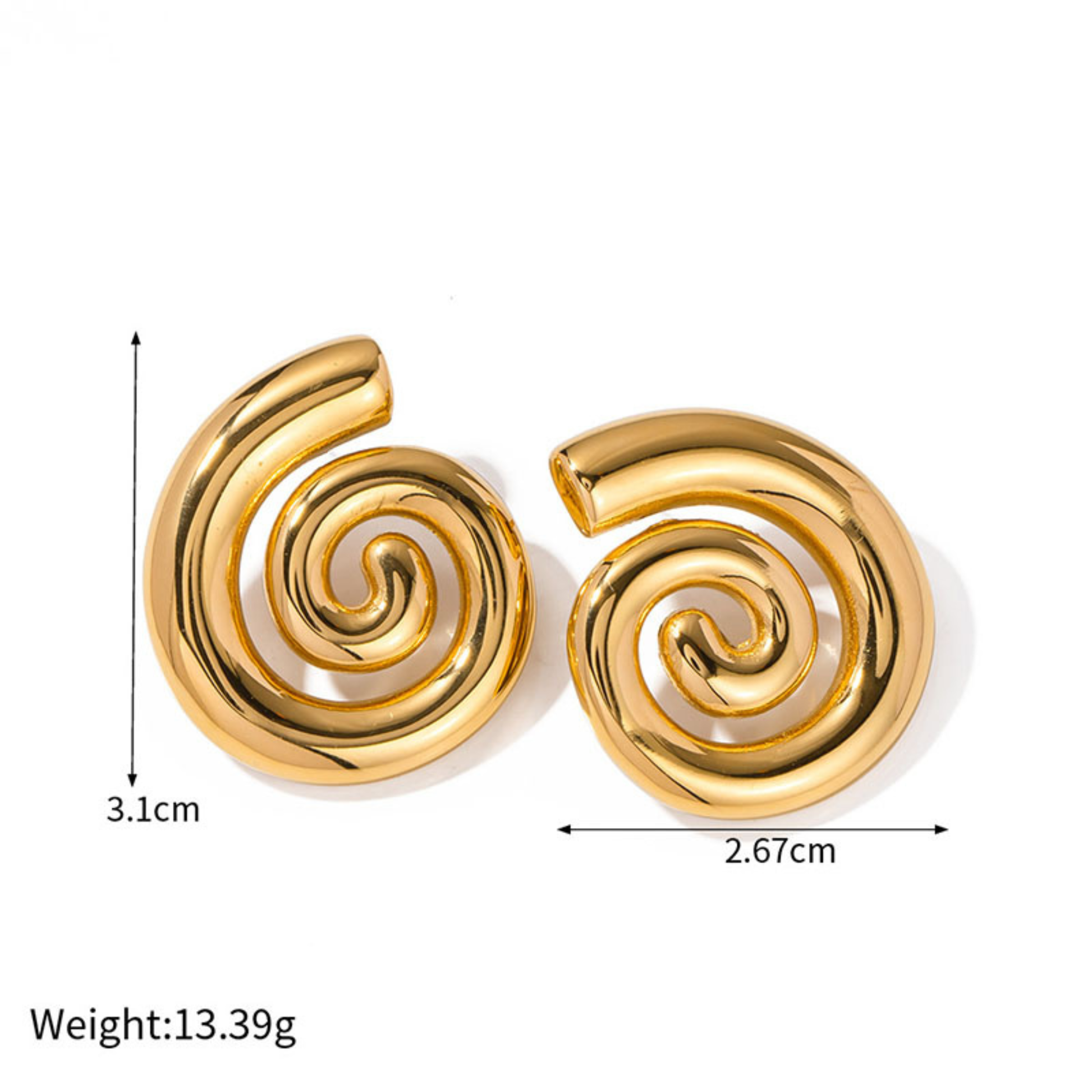 Gold spiral earrings with measurements and weight on a white background