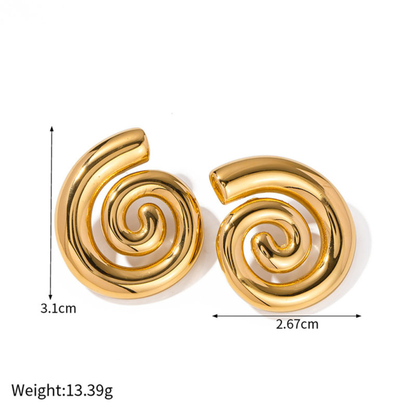 Gold spiral earrings with measurements and weight on a white background
