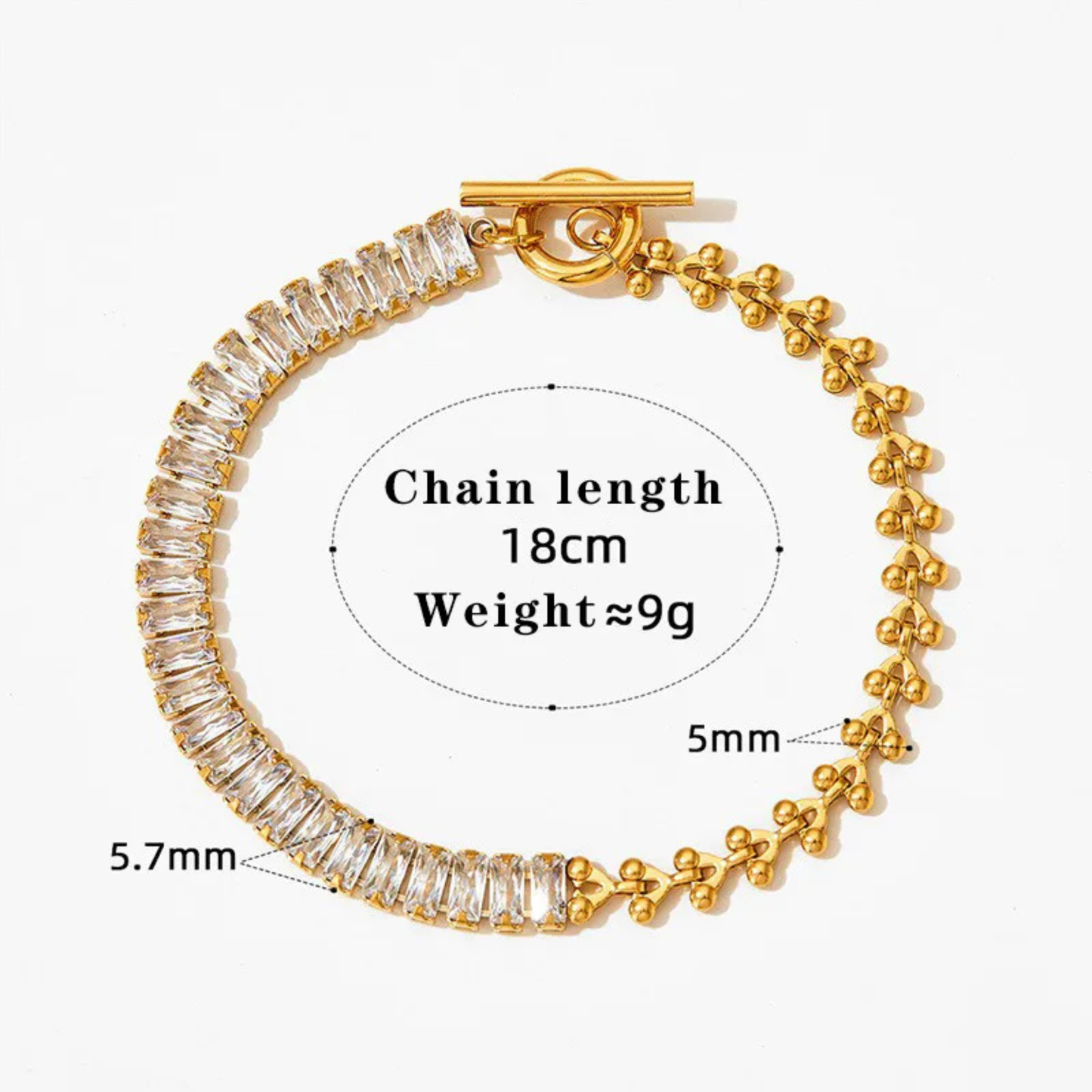 Gold bracelet with clear stones on a white background, showing chain length, weight, and stone dimensions.