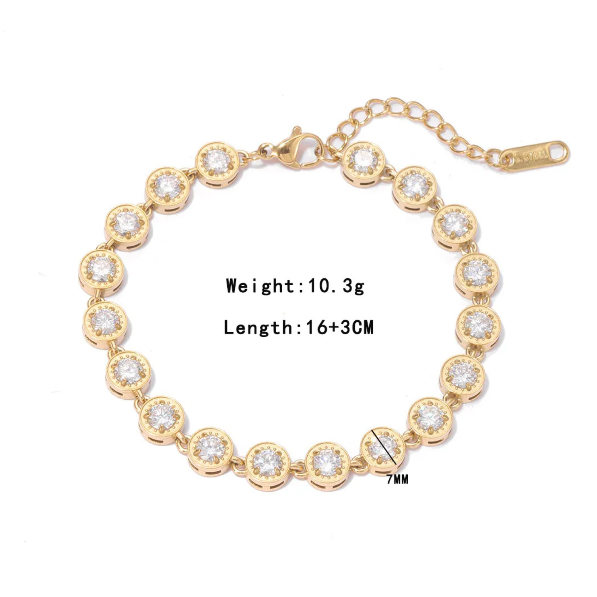 Gold bracelet with clear stones on a white background