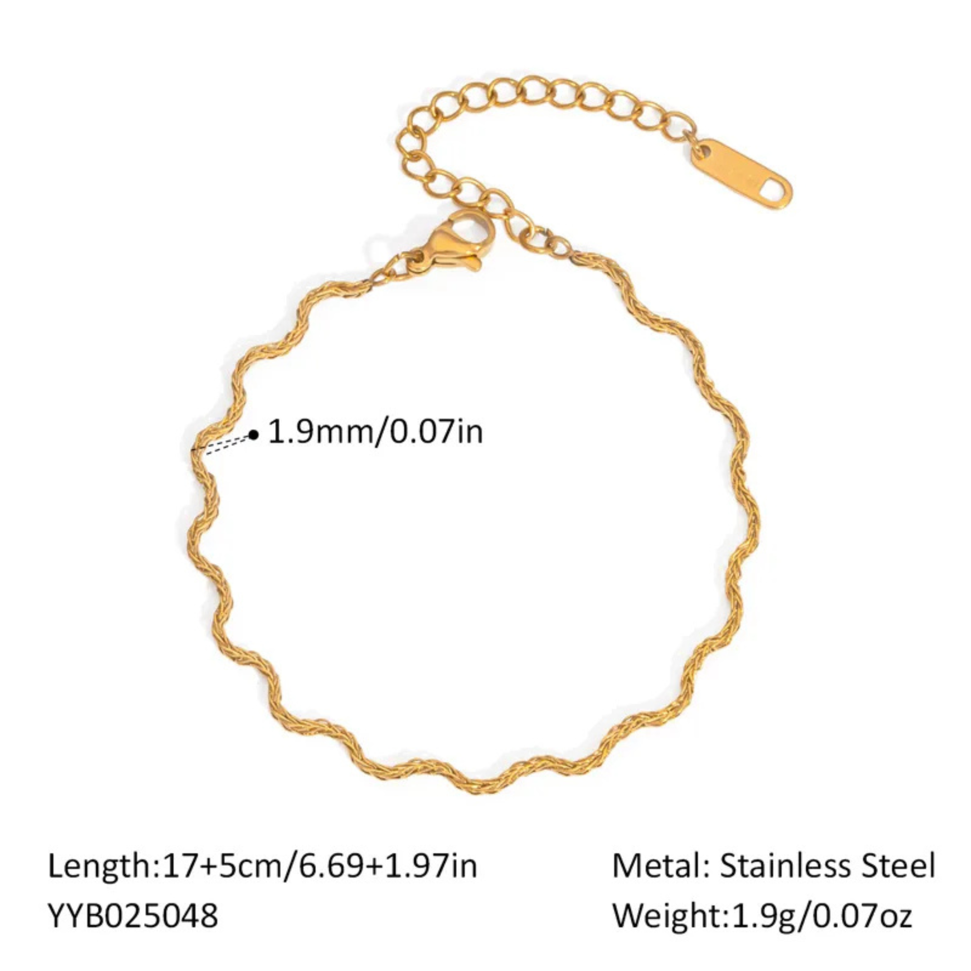 Gold wavy bracelet with measurement details on a white background