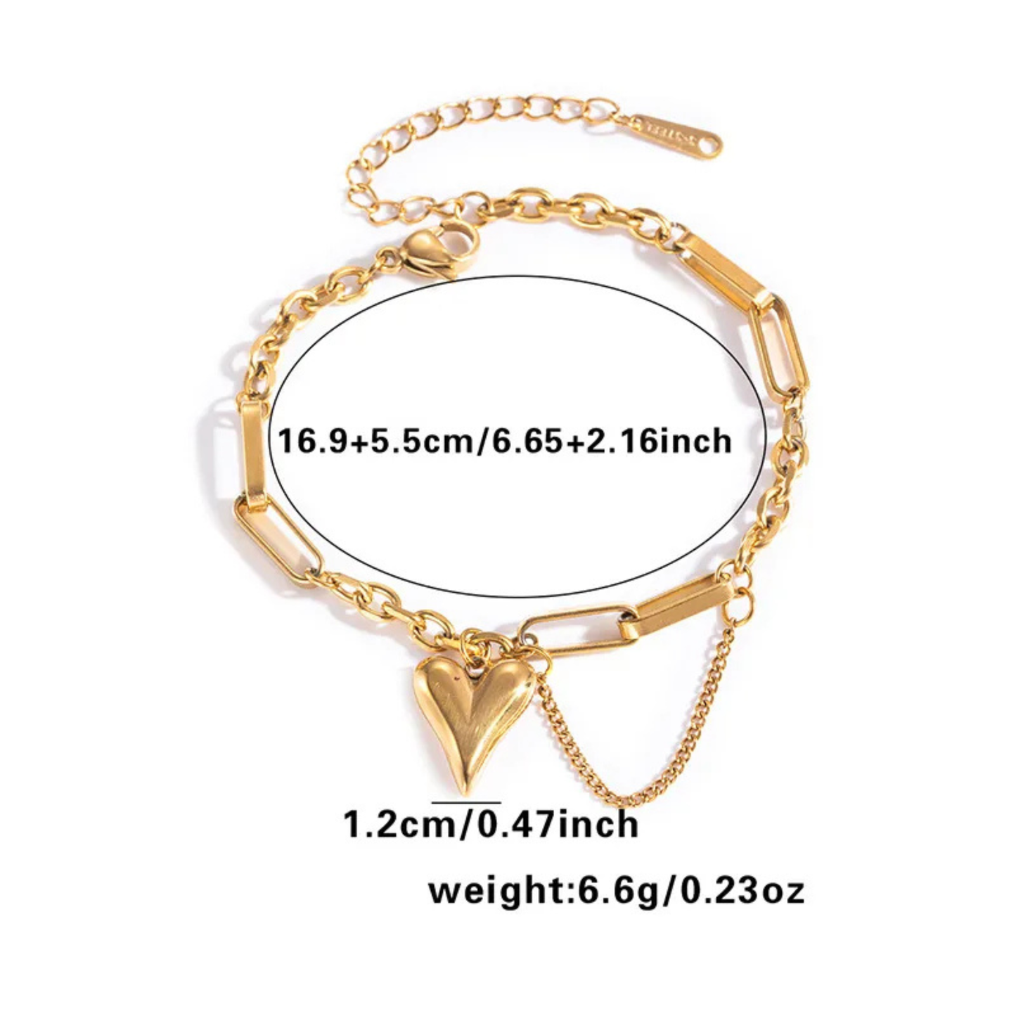 Gold bracelet with heart charm and measurement details on a white background