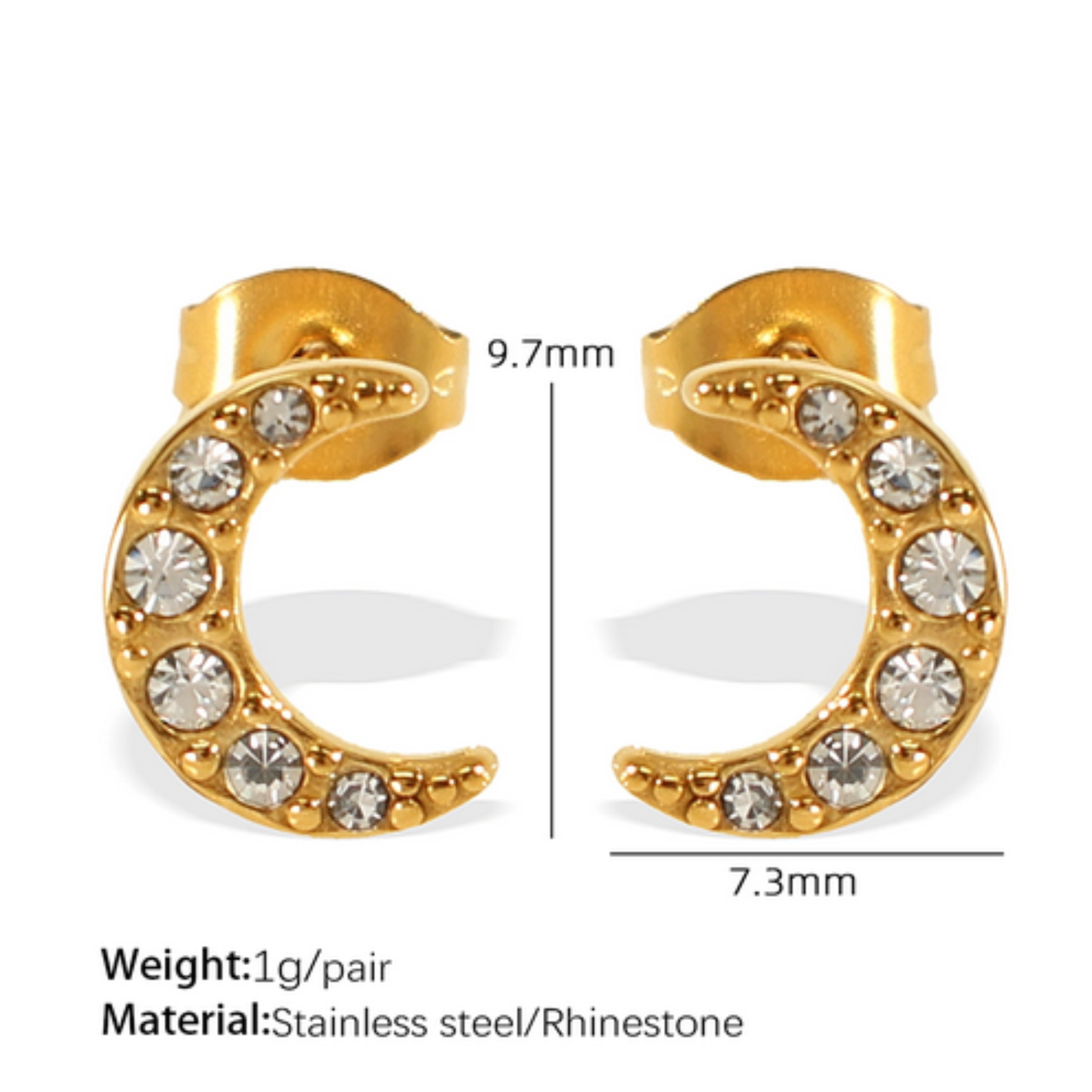 Gold crescent moon earrings with rhinestones and measurements on a white background
