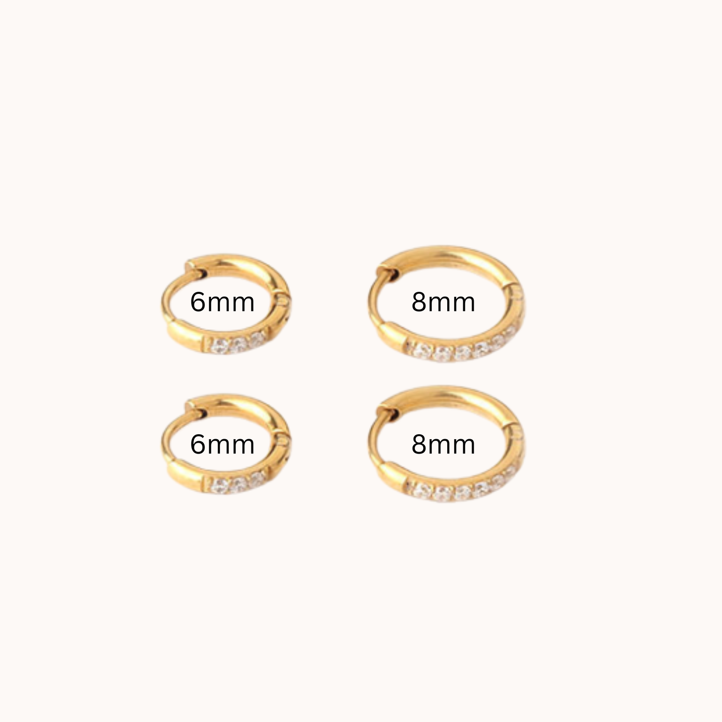 Gold hoop earrings with size labels on a white background