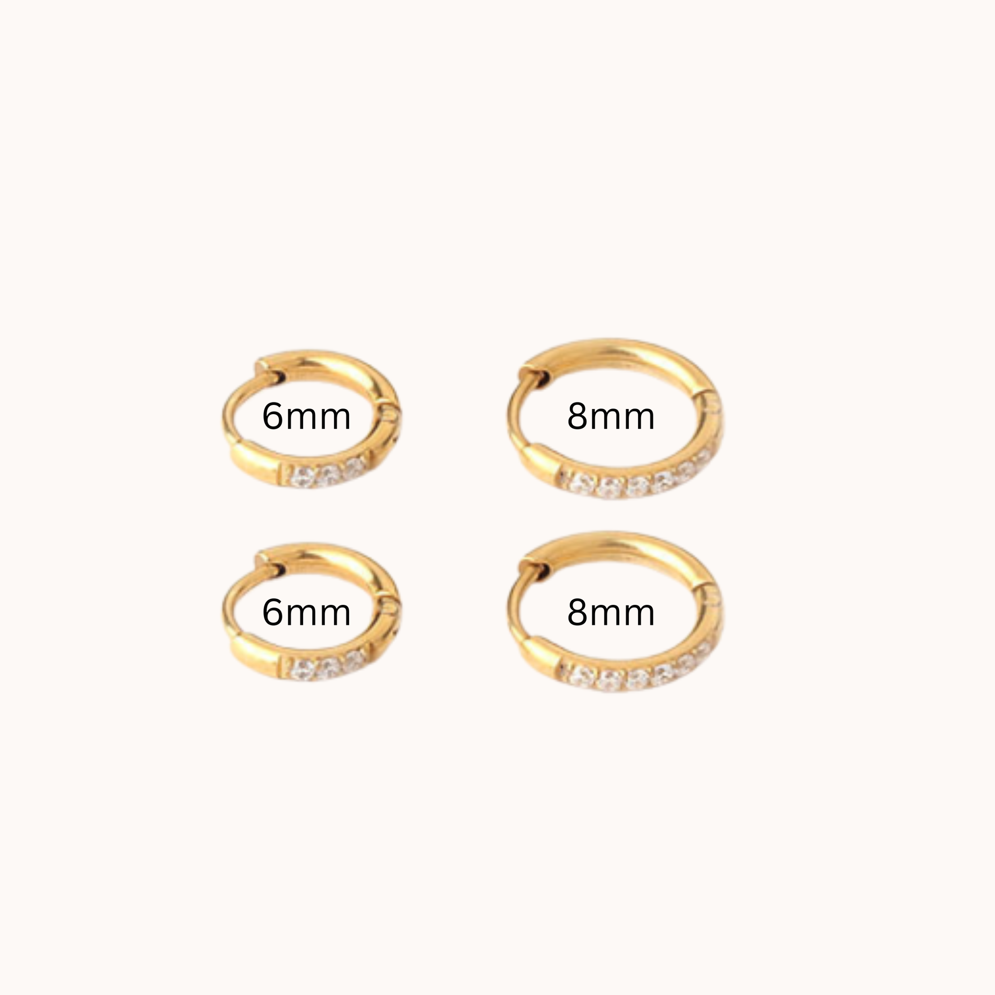 Gold hoop earrings with size labels on a white background