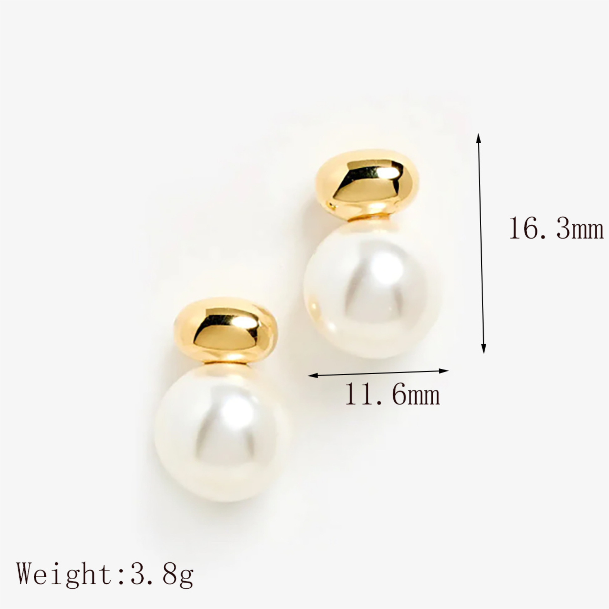 Gold and pearl earrings with measurements on a white background