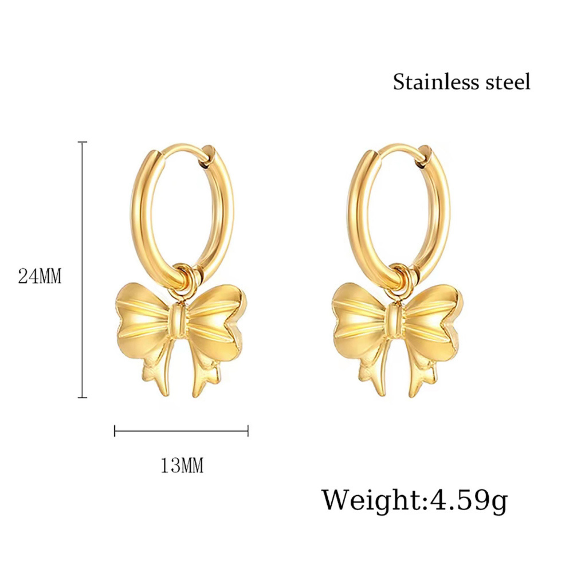 Gold bow-shaped hoop earrings with measurements and weight information on a white background