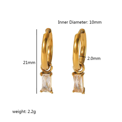 Gold hoop earrings with measurements on a white background