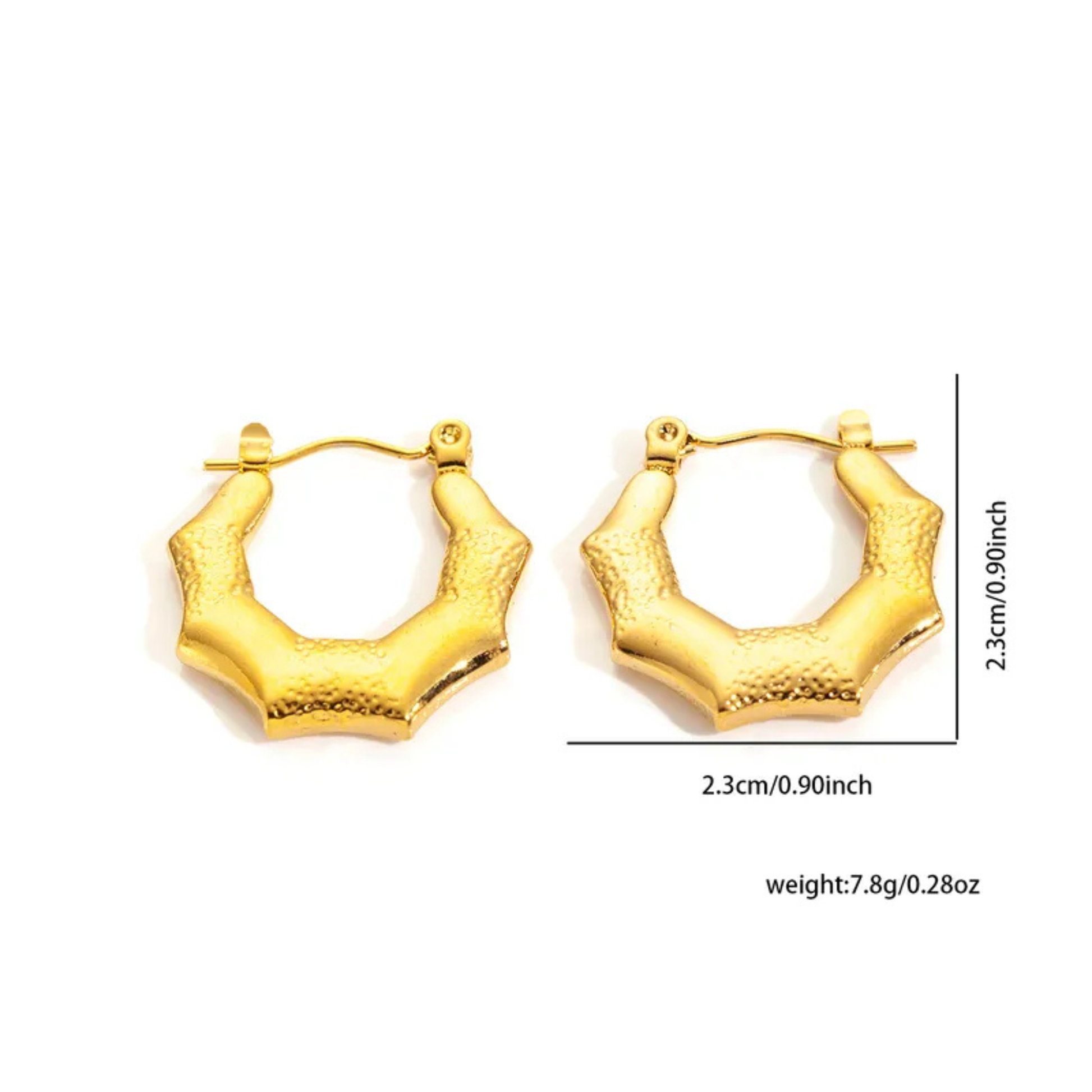 Gold hoop earrings with measurements on a white background