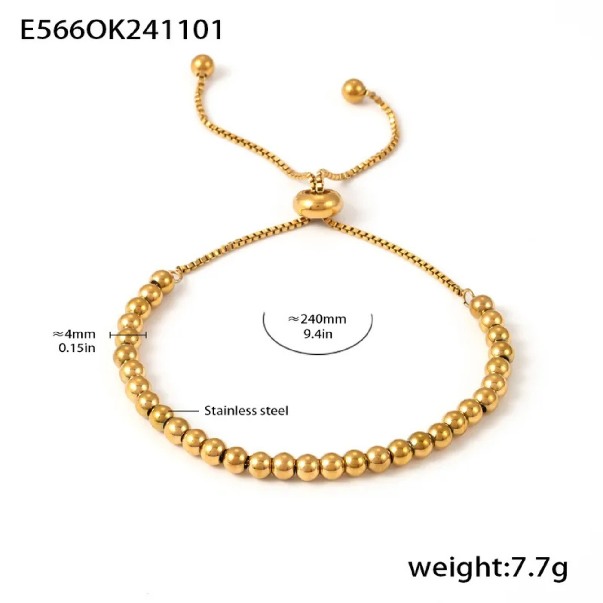 Gold beaded bracelet with measurements and weight on a white background