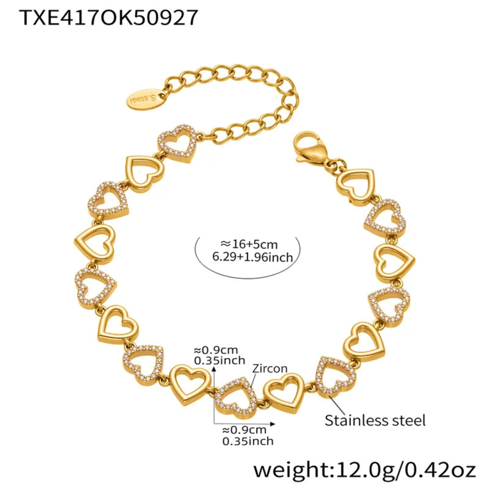 Gold heart-shaped bracelet with measurements and material details on a white background