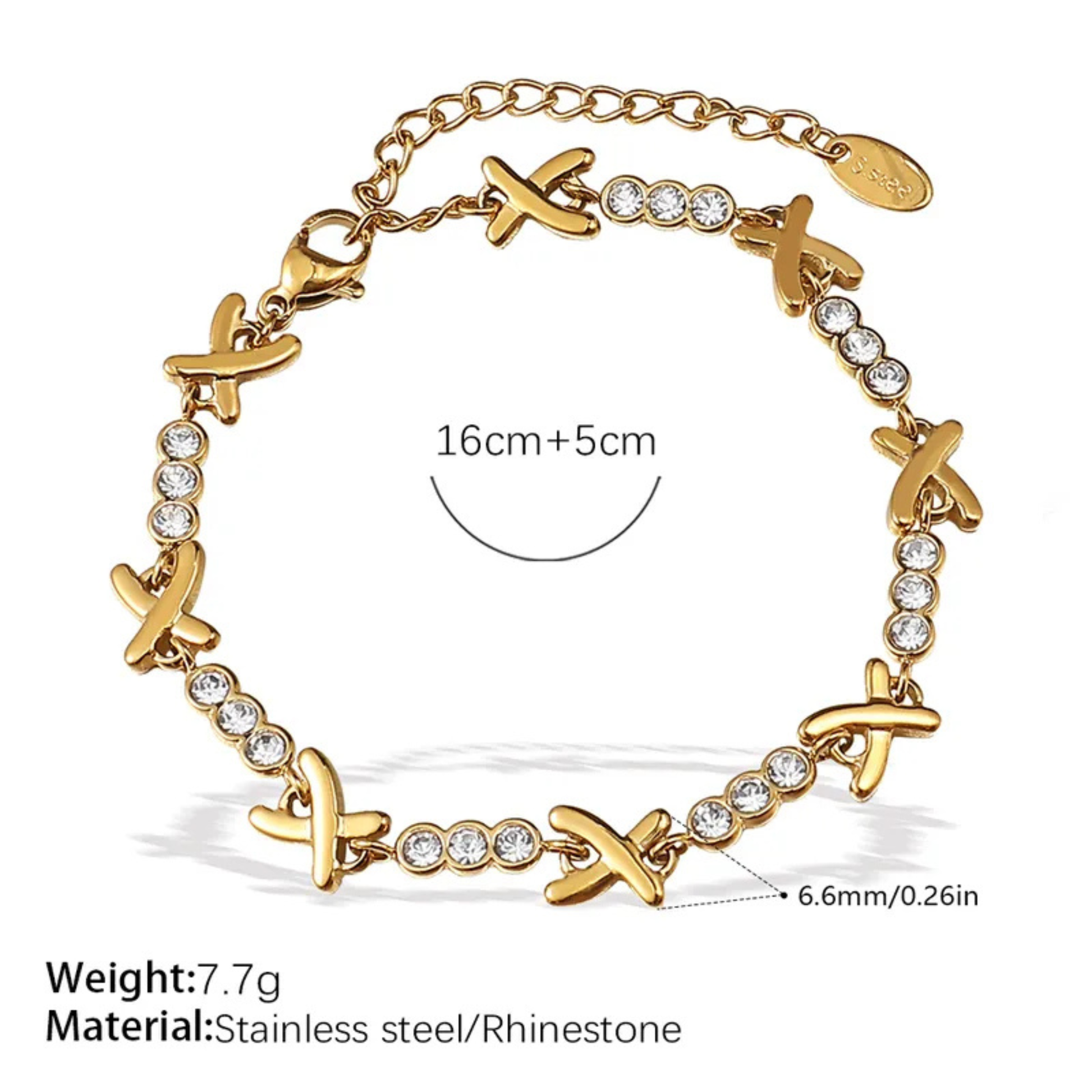 Gold bracelet with cross designs and rhinestones on a white background