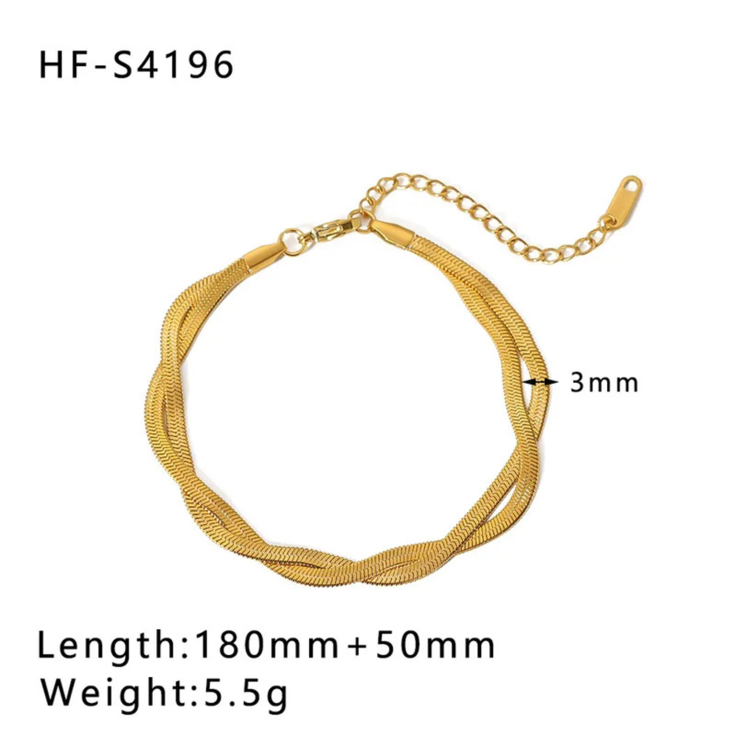 Gold bracelet with chain on a white background, showing measurements and product code.