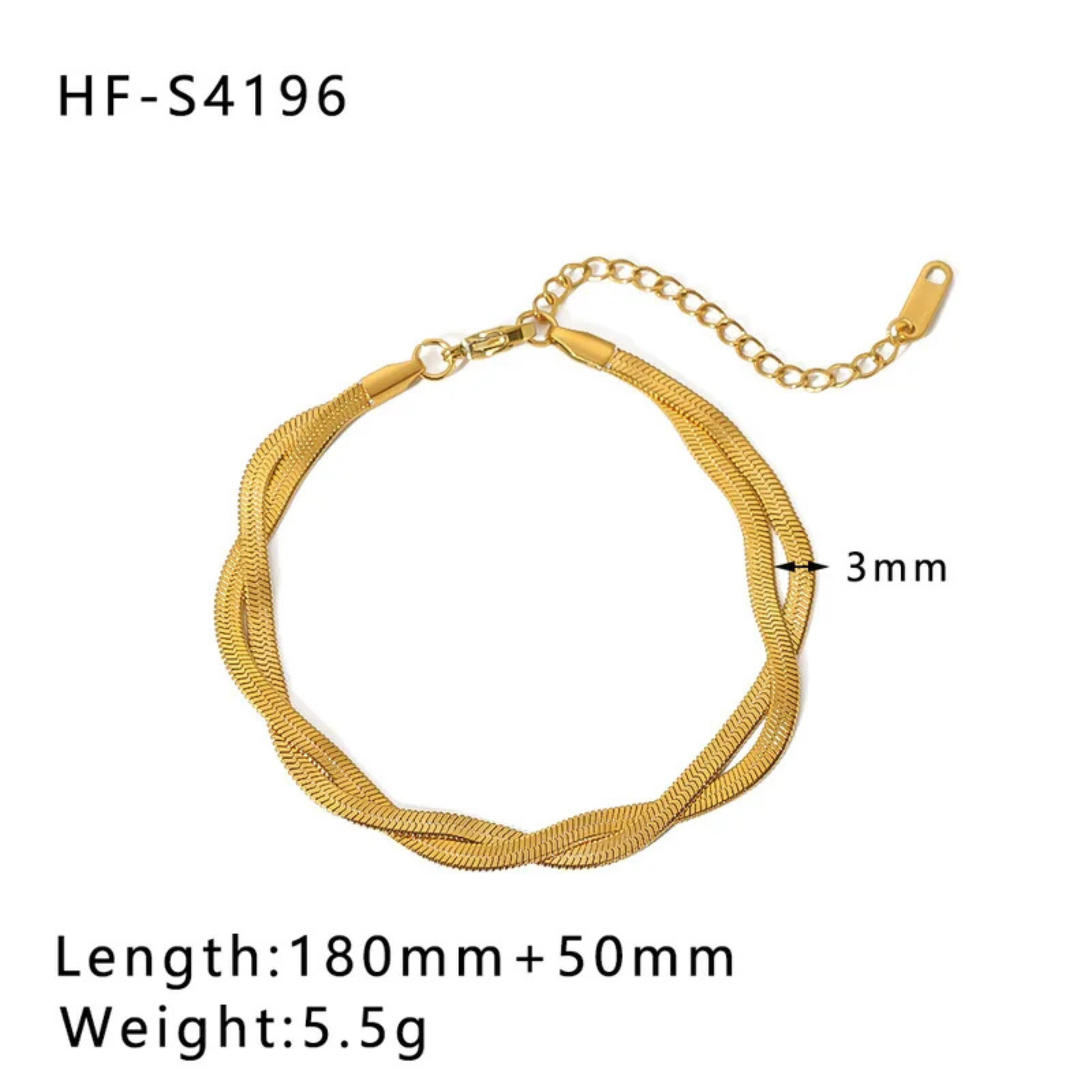 Gold bracelet with chain on a white background, showing measurements and product code.