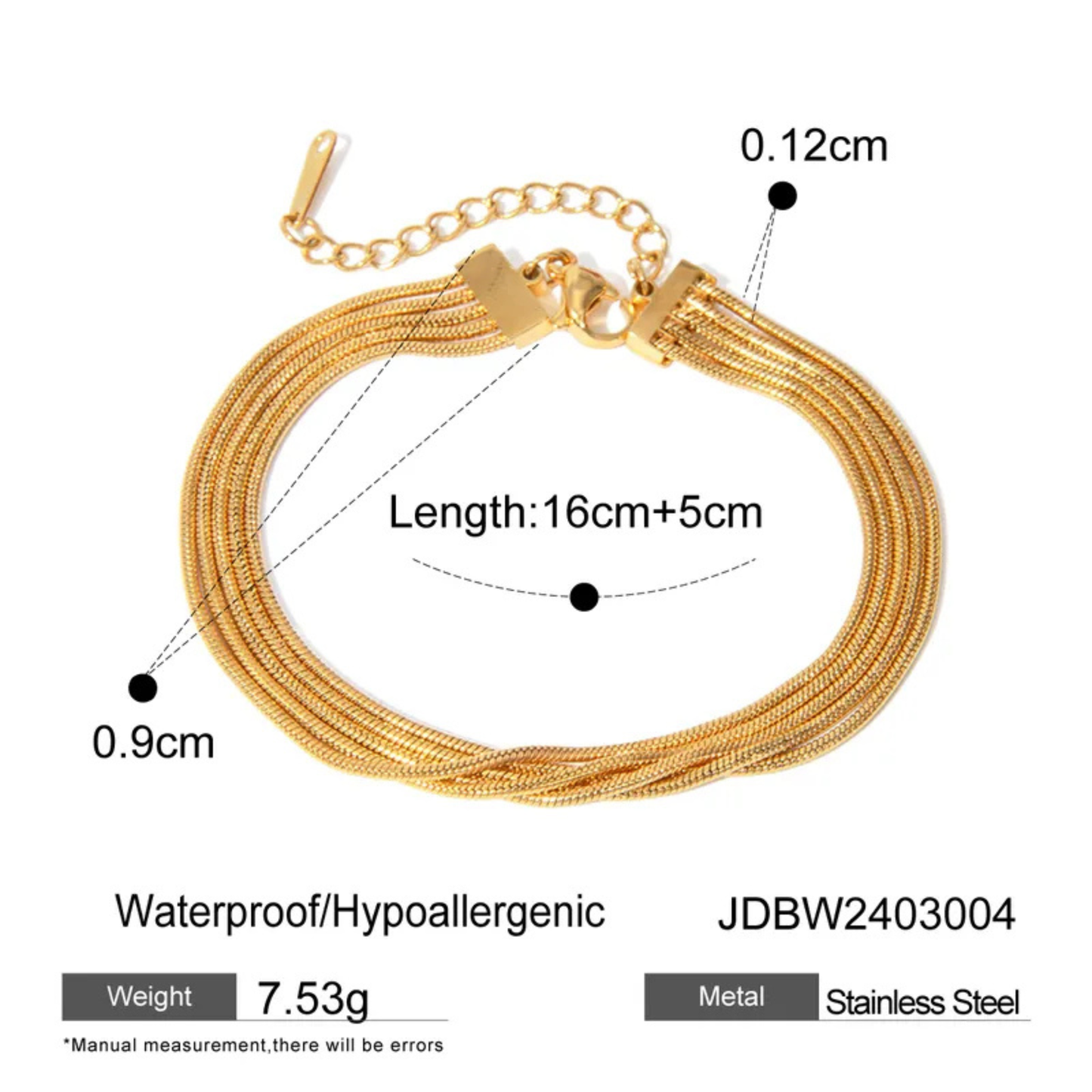 Gold bracelet with measurements and product details on a white background